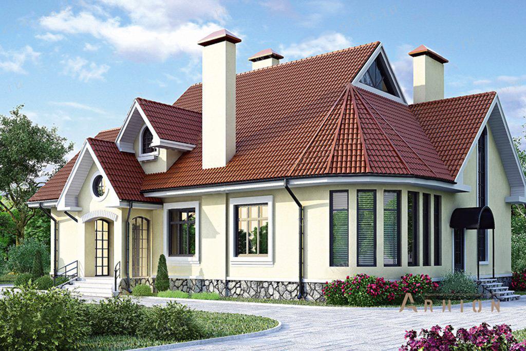 1. Проект одноэтажного дома в европейском стиле с многоскатной кровлей, 33-16, площадью - 270 кв c мансардой, эркером