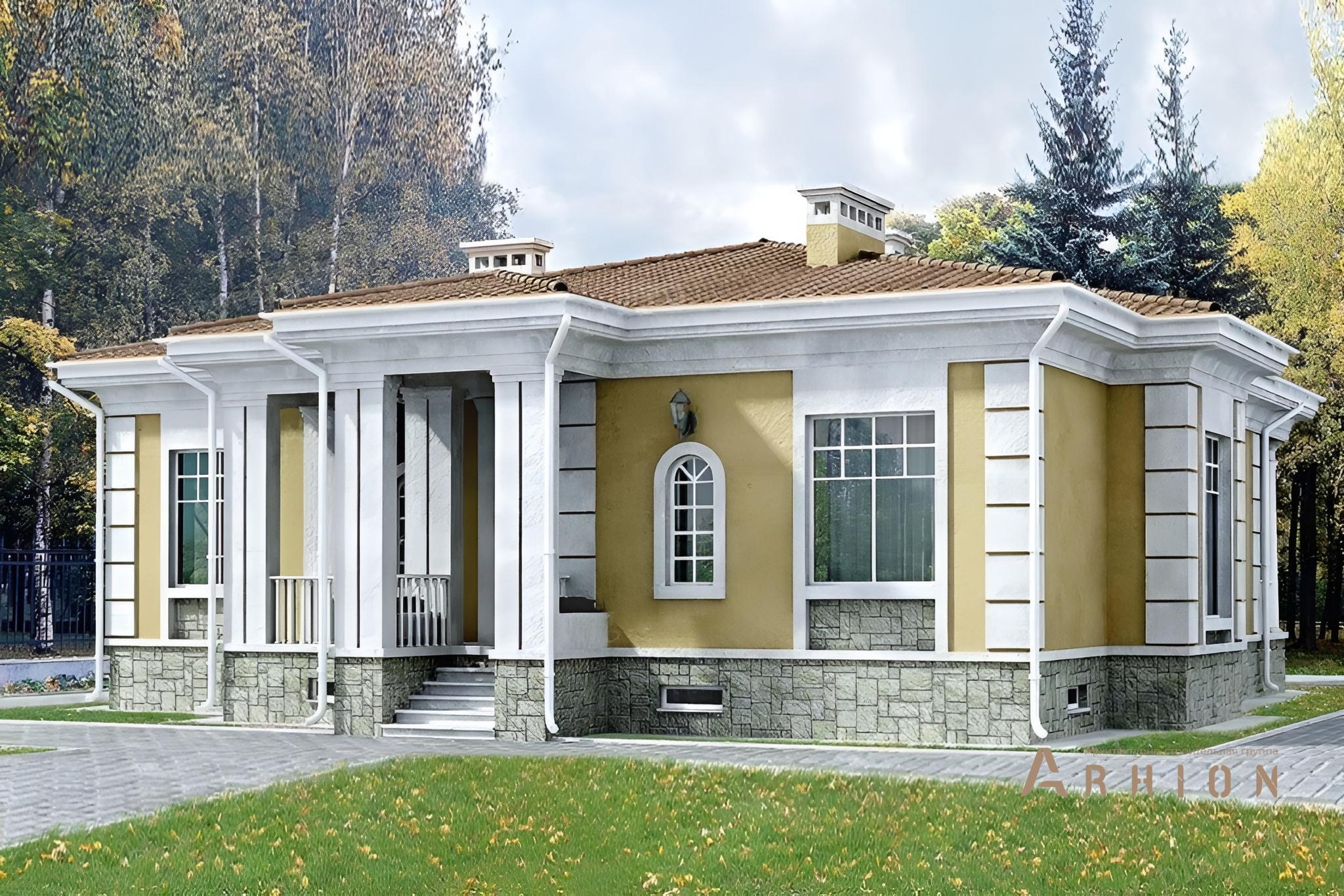 1. Проект одноэтажного дома в классическом стиле с четырехскатной, 33-20, площадью - 121 кв c сауной, терассой