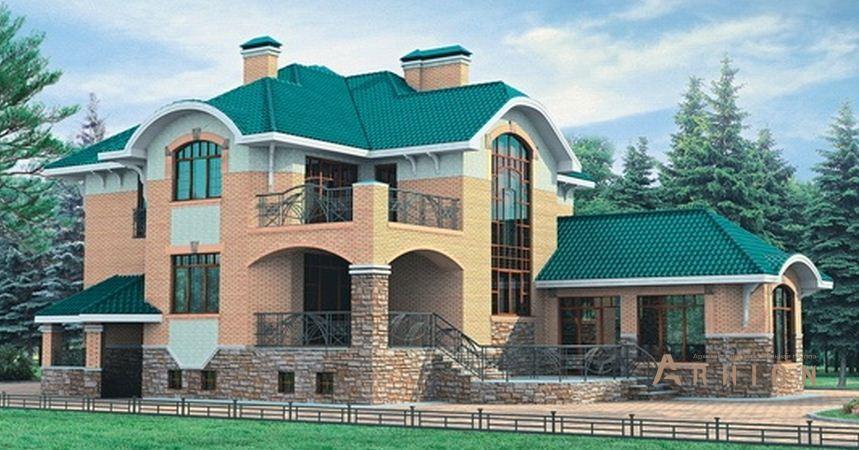 1. Проект двухэтажного дома в европейском стиле с многоскатной кровлей, 33-43, площадью - 413 кв c цокольным этажом, сауной, терассой, балконом, гаражом, эркером, вторым светом