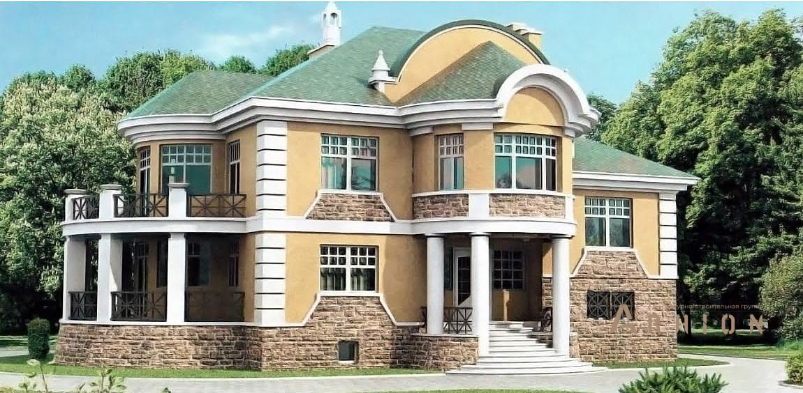 1. Проект двухэтажного дома в стиле модерн с многоскатной кровлей, 33-44, площадью - 370 кв c цокольным этажом, терассой, балконом, эркером, вторым светом