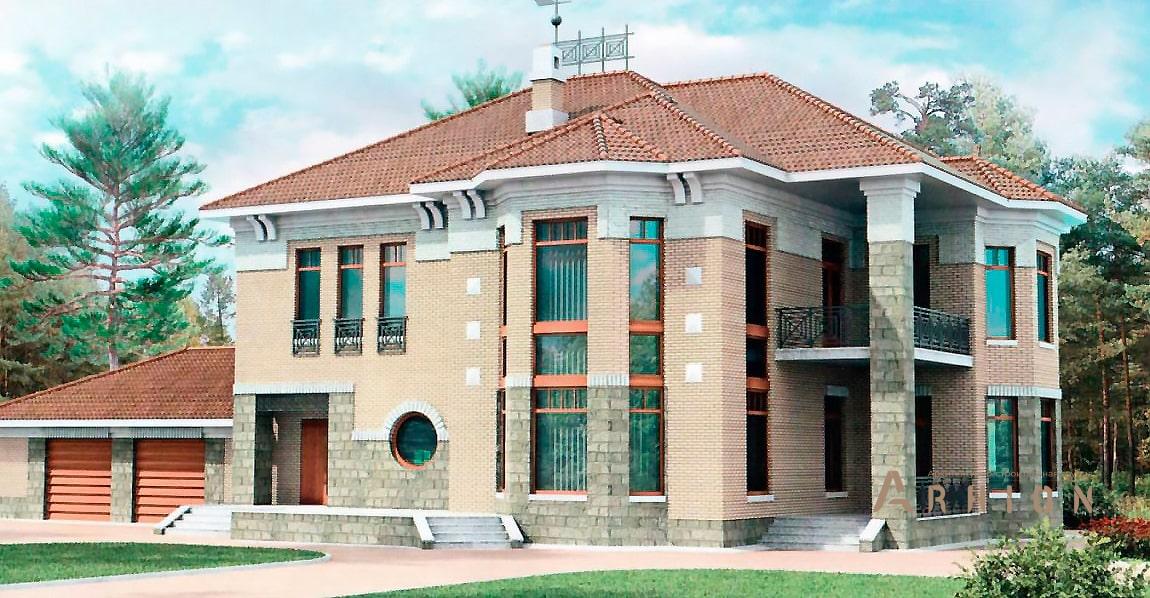 1. Проект двухэтажного дома в современном классическом стиле с многоскатной кровлей, 33-57, площадью - 344 кв c терассой, балконом, гаражом, эркером, вторым светом