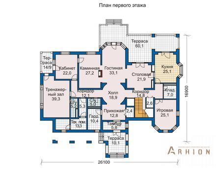 2. Проект двухэтажного дома в европейском стиле с многоскатной кровлей, 33-64, площадью - 812 кв c мансардой, терассой, балконом, эркером, вторым светом