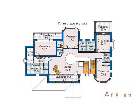 3. Проект двухэтажного дома в европейском стиле с многоскатной кровлей, 33-64, площадью - 812 кв c мансардой, терассой, балконом, эркером, вторым светом