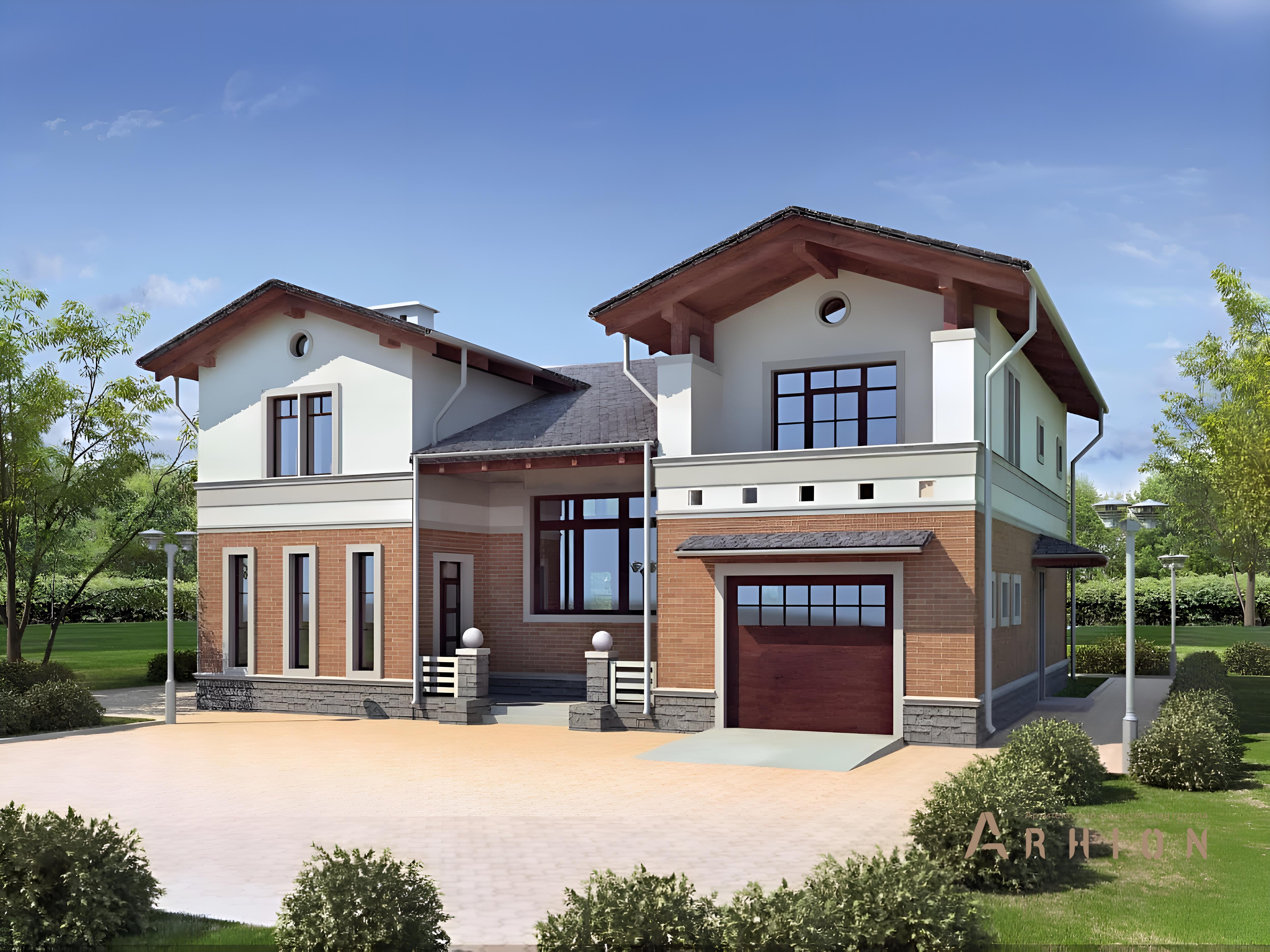 1. Проект двухэтажного дома в европейском стиле с многоскатной кровлей, 33-65, площадью - 249 кв c терассой, гаражом, вторым светом