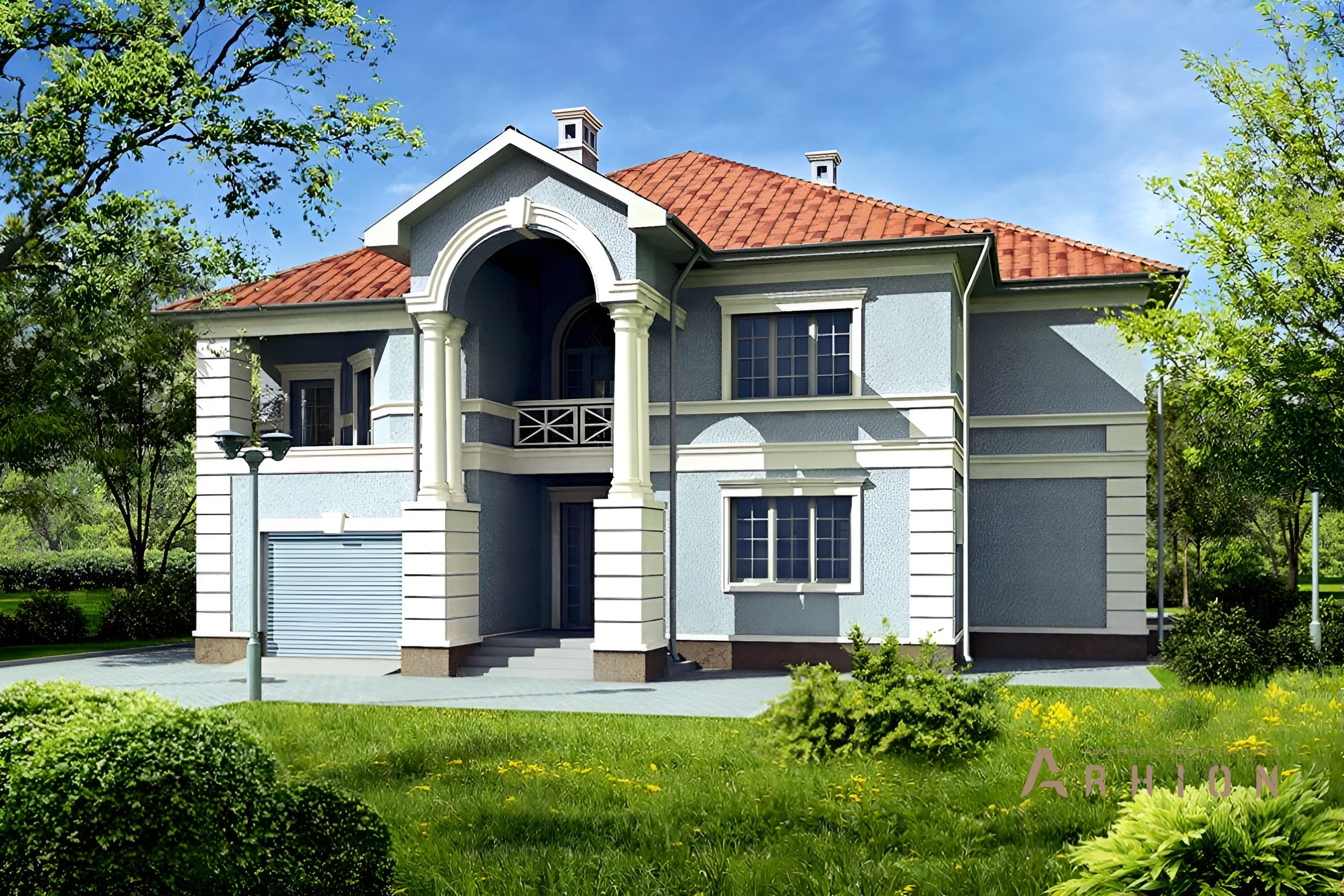 1. Проект двухэтажного дома в классическом стиле с четырехскатной, 33-67, площадью - 300 кв c терассой, балконом, гаражом, эркером