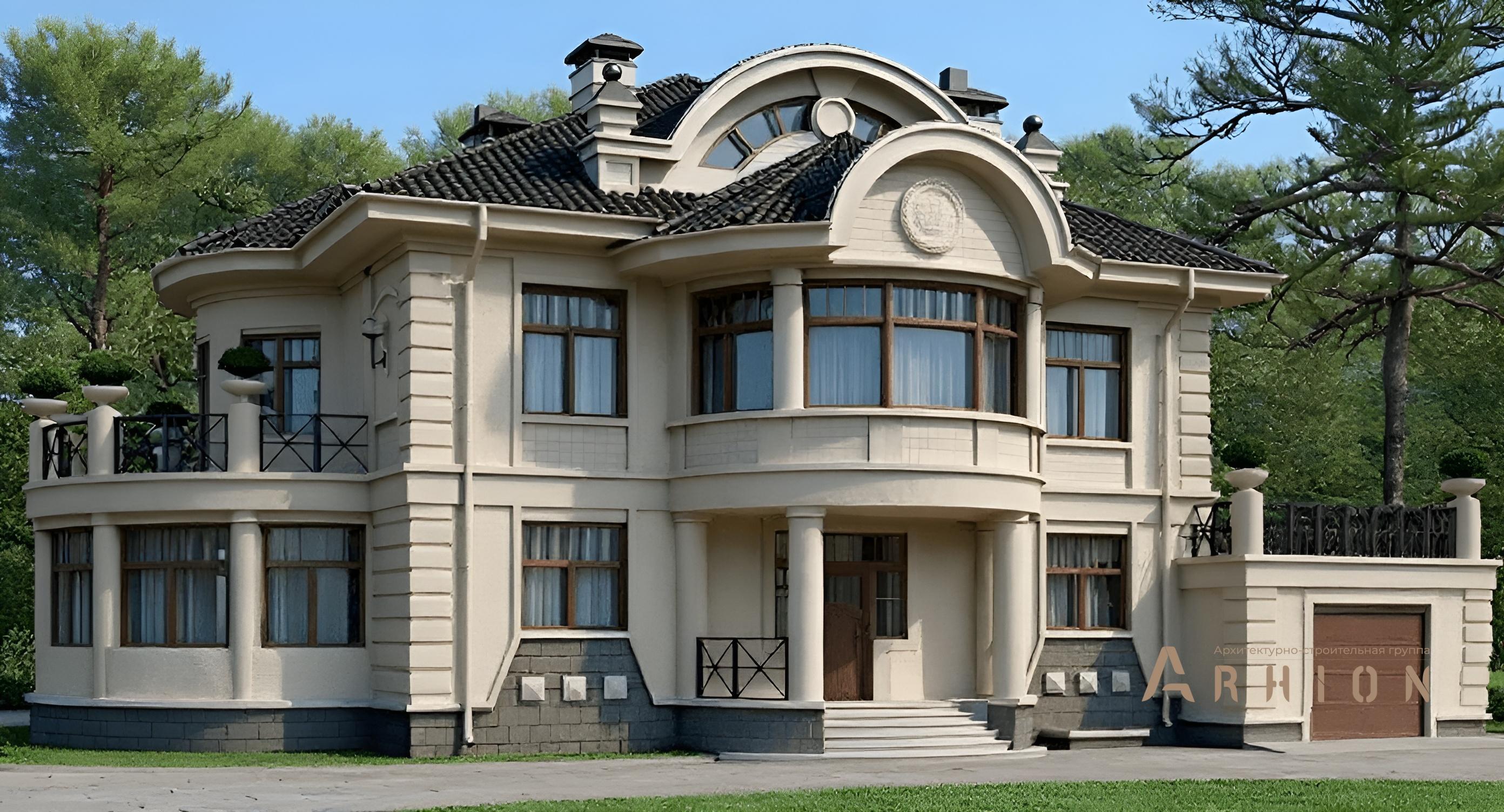 2. Проект двухэтажного дома в стиле модерн с многоскатной кровлей, 33-95, площадью - 463 кв c мансардой, терассой, балконом, гаражом, эркером, вторым светом