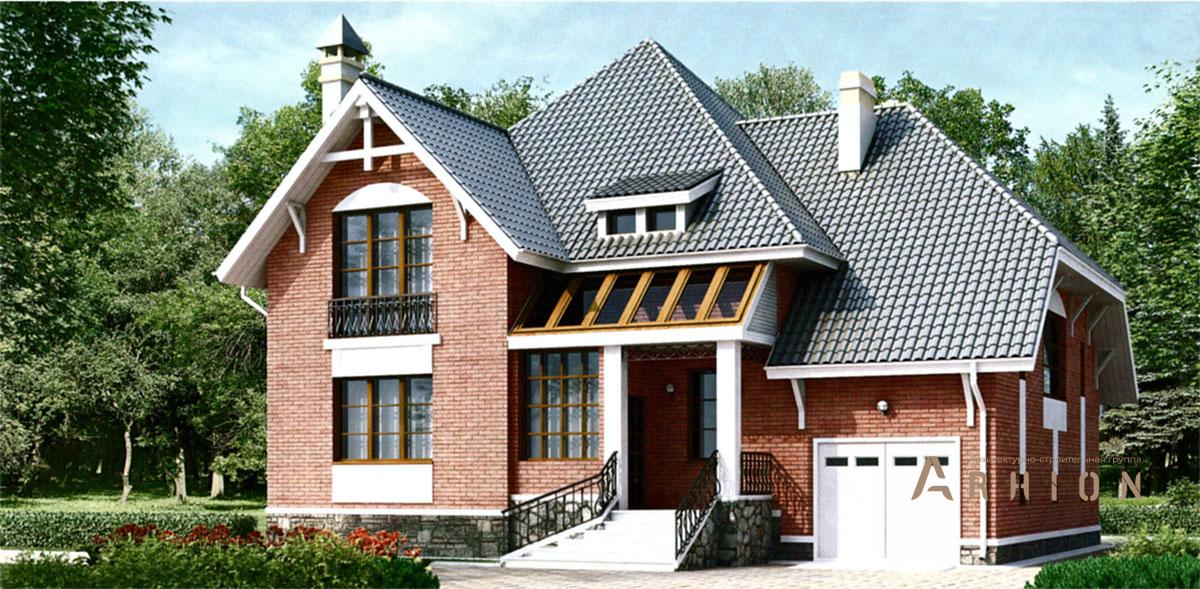 1. Проект одноэтажного дома в английском стиле с многоскатной кровлей, 33-96, площадью - 242 кв c мансардой, терассой, балконом, гаражом, эркером