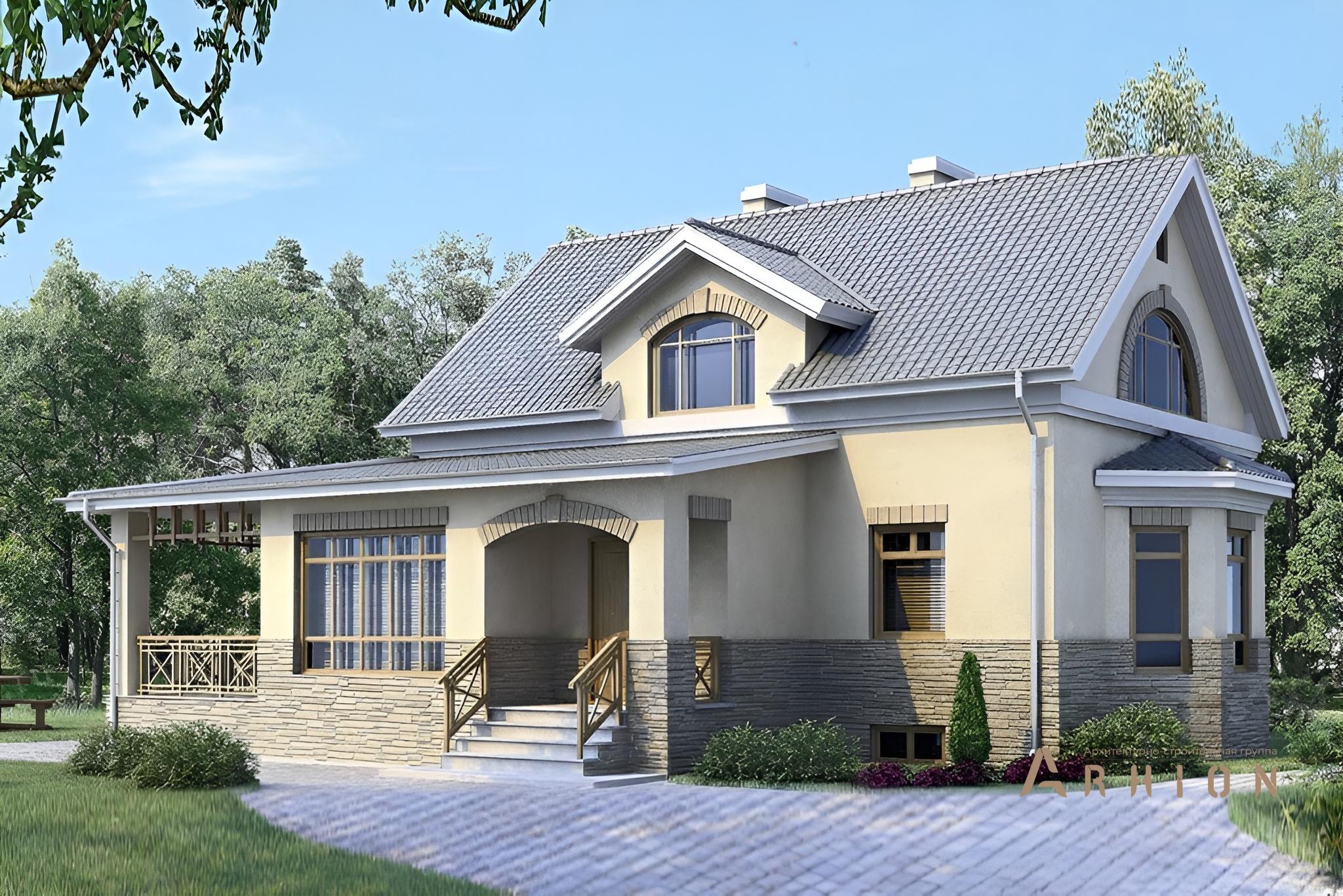 1. Проект одноэтажного дома в современном стиле с двускатной кровлей, 33-98, площадью - 170 кв c цокольным этажом, мансардой, терассой