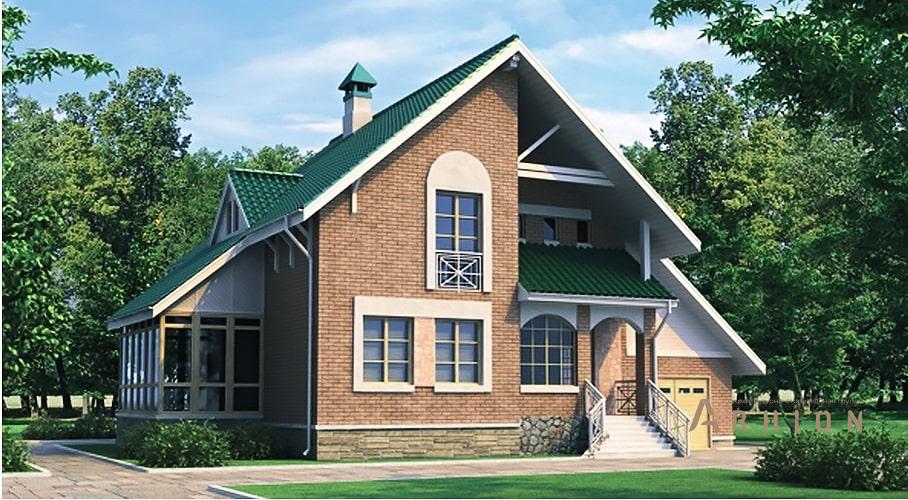 1. Проект одноэтажного дома в европейском стиле с двускатной кровлей, 34-23, площадью - 209 кв c мансардой, терассой, балконом, гаражом, эркером