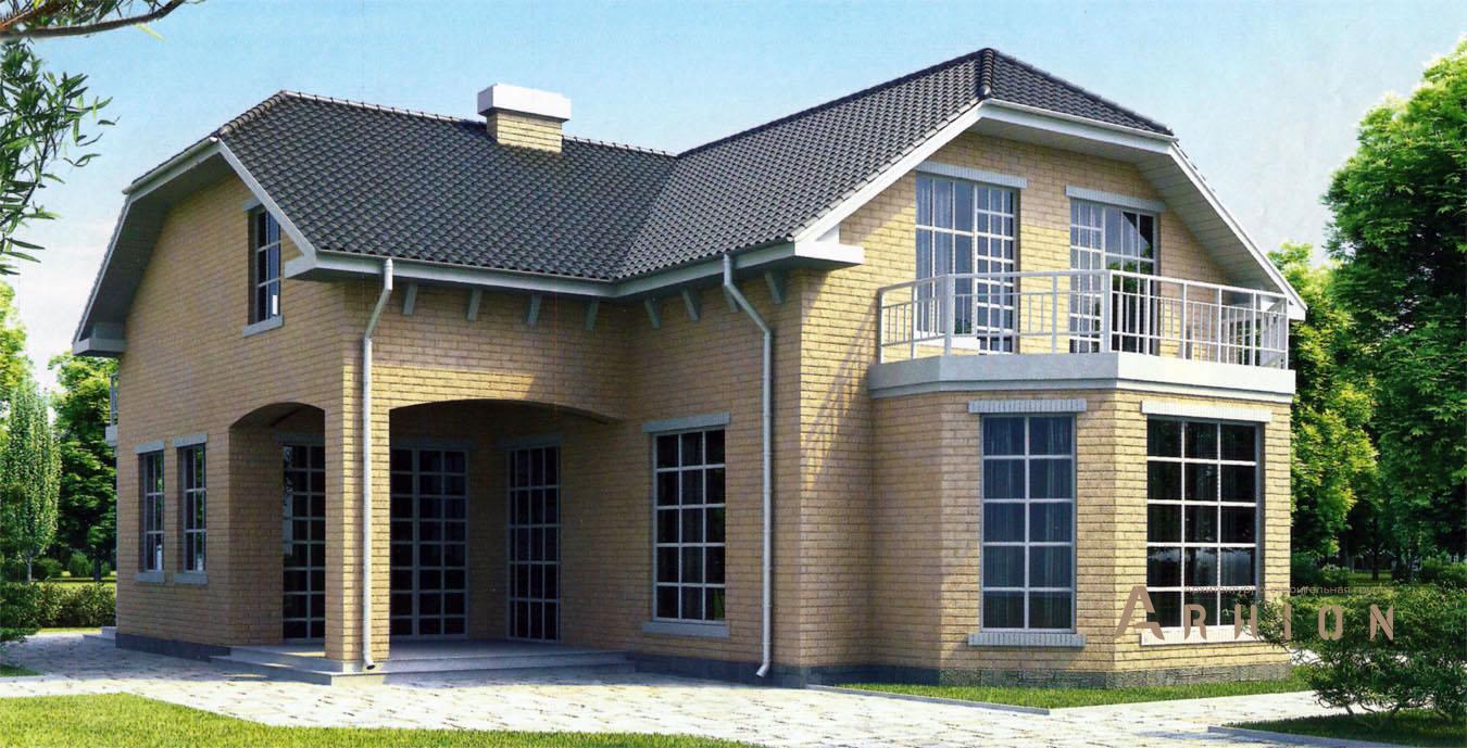 1. Проект одноэтажного дома в европейском стиле с двускатной кровлей, 34-34, площадью - 213 кв c мансардой, балконом, эркером, вторым светом