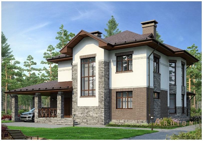 1. Проект двухэтажного дома в современном стиле с многоскатной кровлей, 34-53, площадью - 196 кв c цокольным этажом, терассой