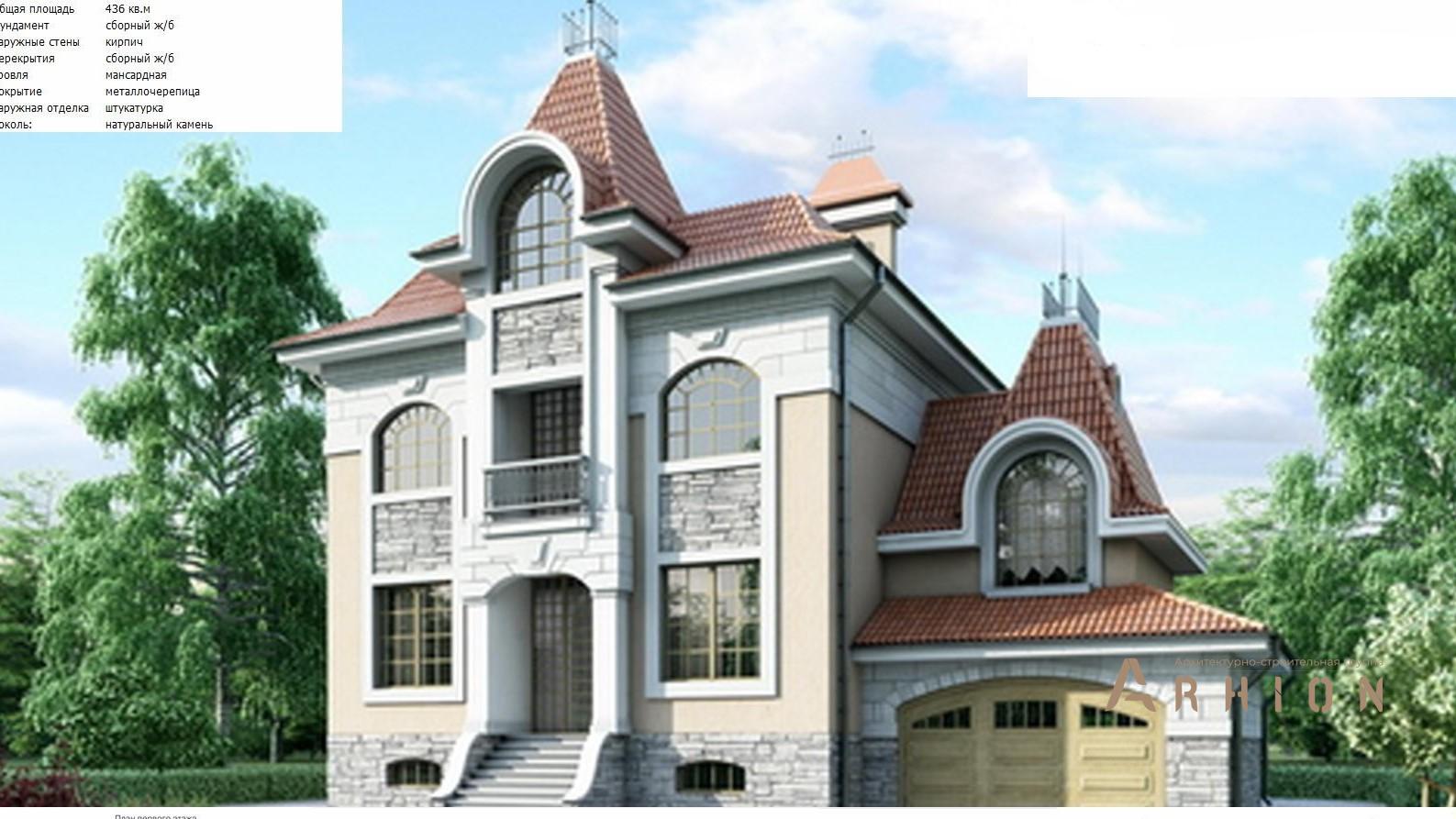 1. Проект двухэтажного дома в европейском стиле с многоскатной кровлей, 34-67, площадью - 436 кв c цокольным этажом, мансардой, сауной, терассой, эркером