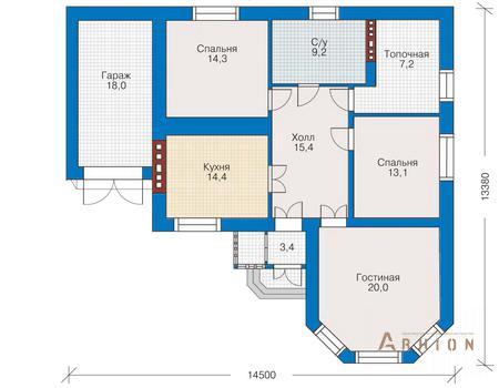 2. Проект одноэтажного дома в европейском стиле с плоской кровлей , 34-74, площадью - 115 кв c цокольным этажом, гаражом