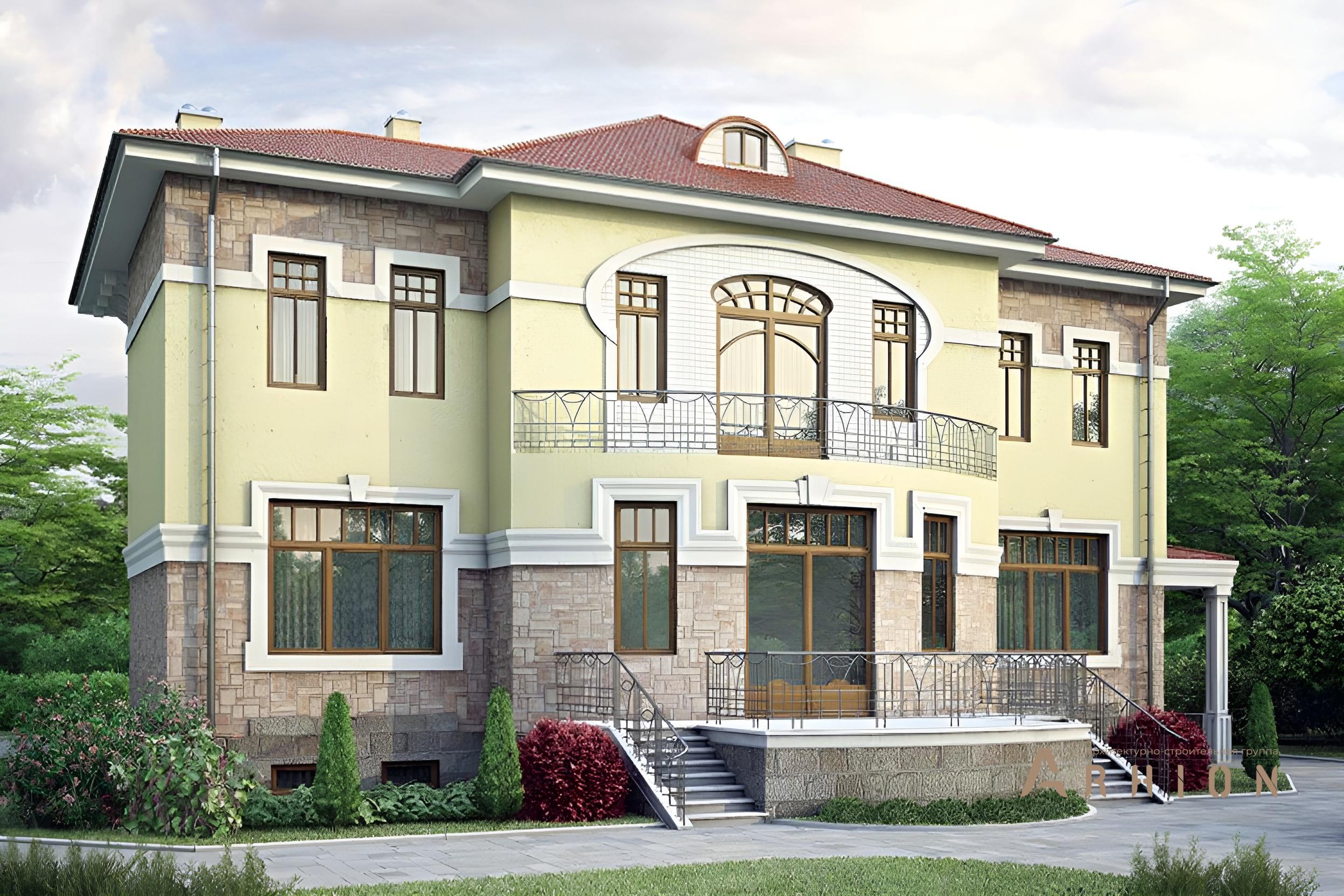 1. Проект двухэтажного дома в европейском стиле с четырехскатной, 34-76, площадью - 369 кв c терассой, балконом, эркером, вторым светом