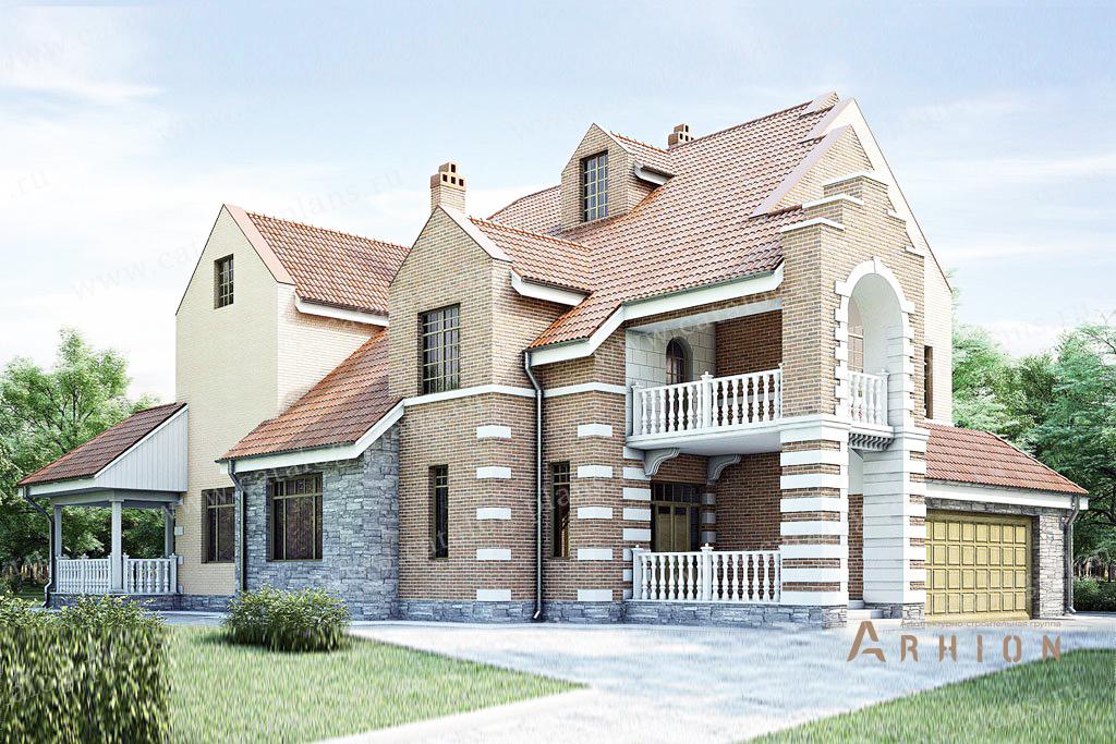 1. Проект двухэтажного дома в английском стиле с многоскатной кровлей, 35-08, площадью - 448 кв c мансардой, терассой, балконом, эркером, вторым светом