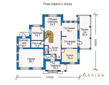 2. Проект двухэтажного дома в европейском стиле с многоскатной кровлей, 35-10, площадью - 412 кв c мансардой, терассой, эркером, вторым светом