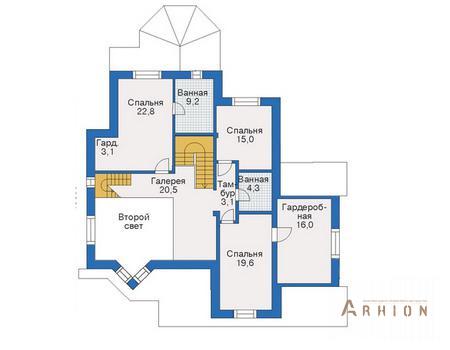 3. Проект двухэтажного дома в европейском стиле с двускатной кровлей, 35-11, площадью - 392 кв c цокольным этажом, мансардой, терассой, эркером, вторым светом