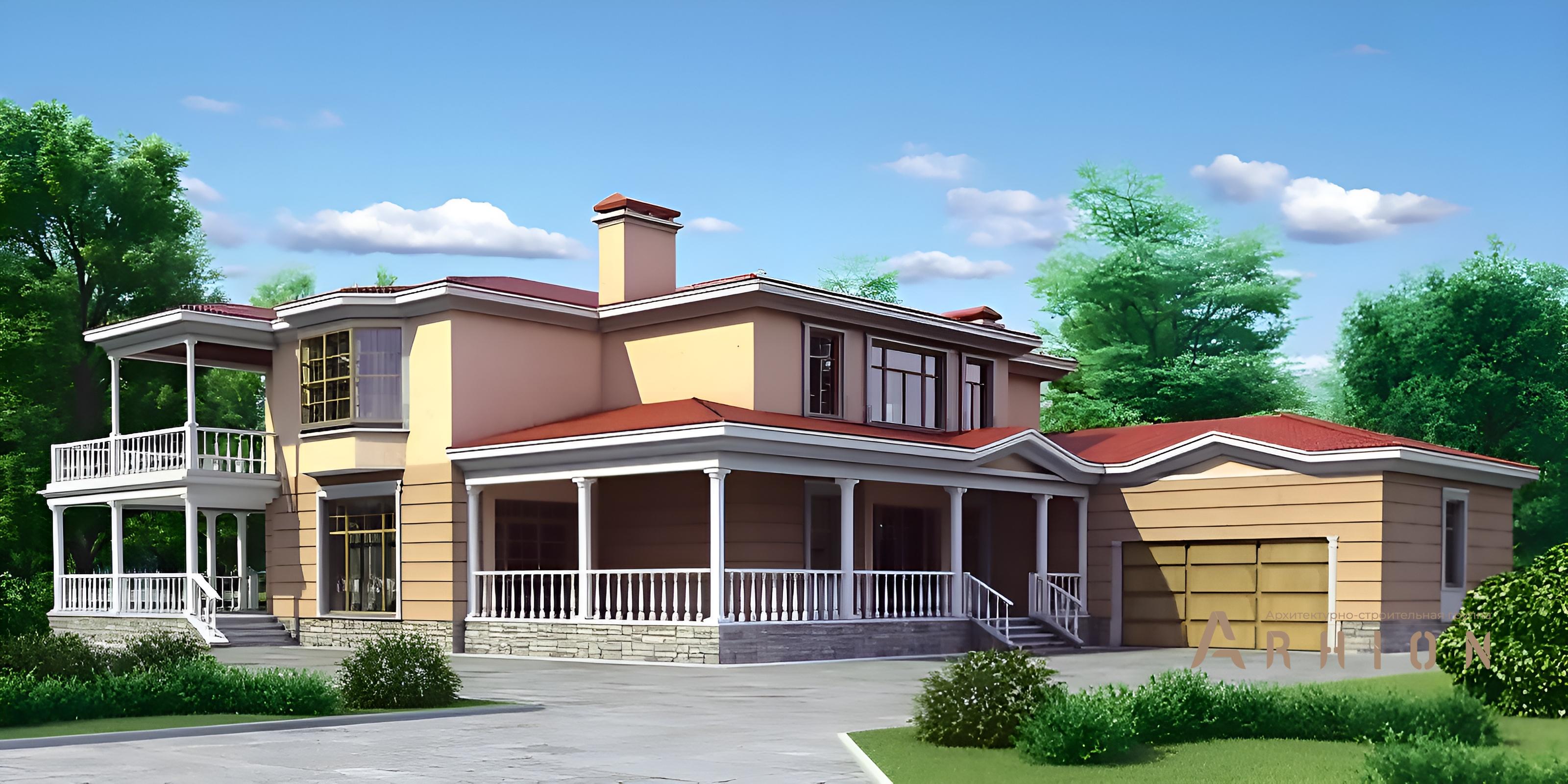 1. Проект двухэтажного дома в европейском стиле с многоскатной кровлей, 35-23, площадью - 457 кв c терассой, балконом, гаражом, эркером