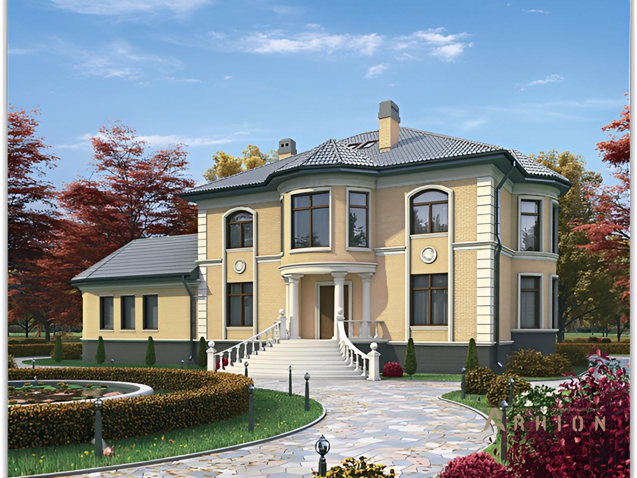 1. Проект двухэтажного дома в классическом стиле с четырехскатной, 35-32, площадью - 359 кв c сауной, терассой, эркером