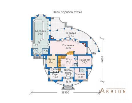 2. Проект двухэтажного дома в классическом стиле с многоскатной кровлей, 35-33, площадью - 1143 кв c цокольным этажом, мансардой, сауной, терассой, вторым светом