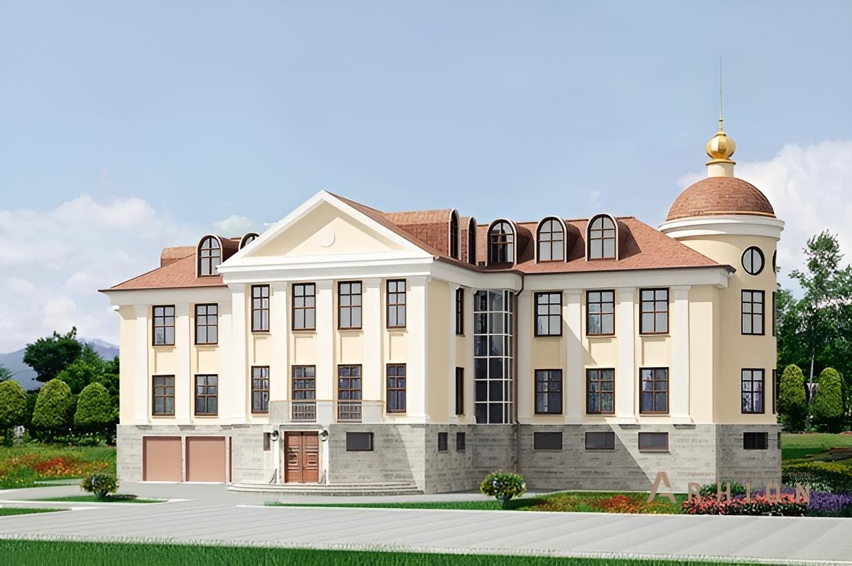 1. Проект трехэтажного дома в дворцовом стиле с многоскатной кровлей, 35-45, площадью - 863 кв c мансардой, сауной, балконом, эркером, вторым светом