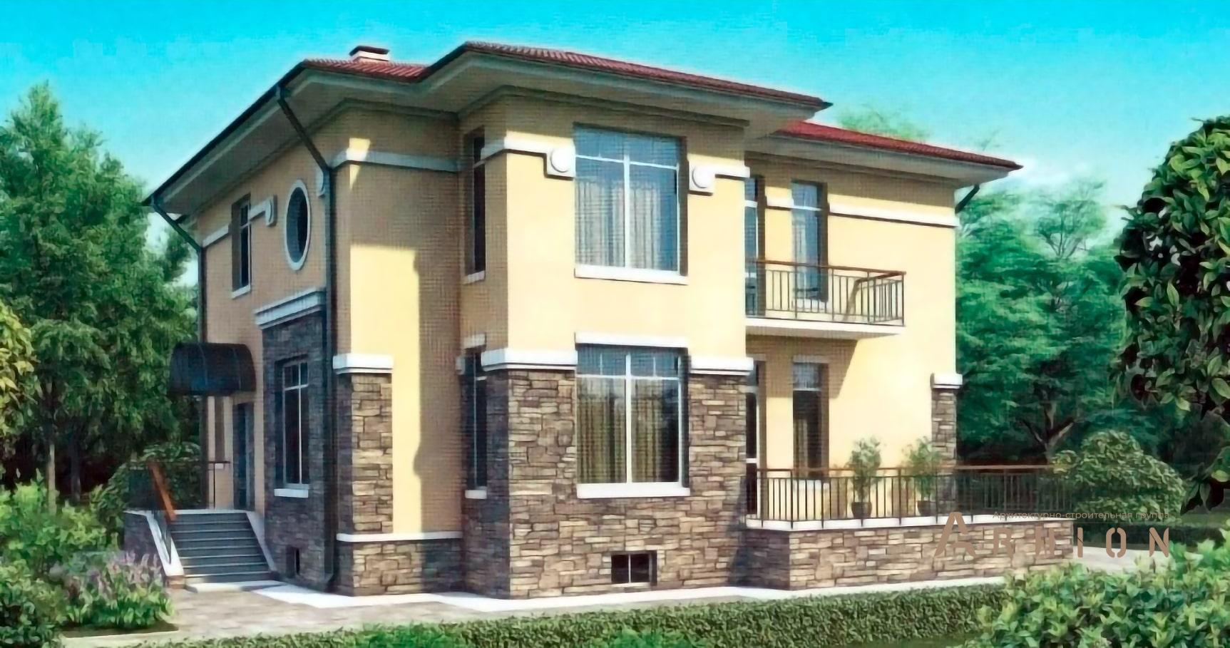 1. Проект двухэтажного дома в современном стиле с четырехскатной, 35-63, площадью - 295 кв c цокольным этажом, терассой, балконом