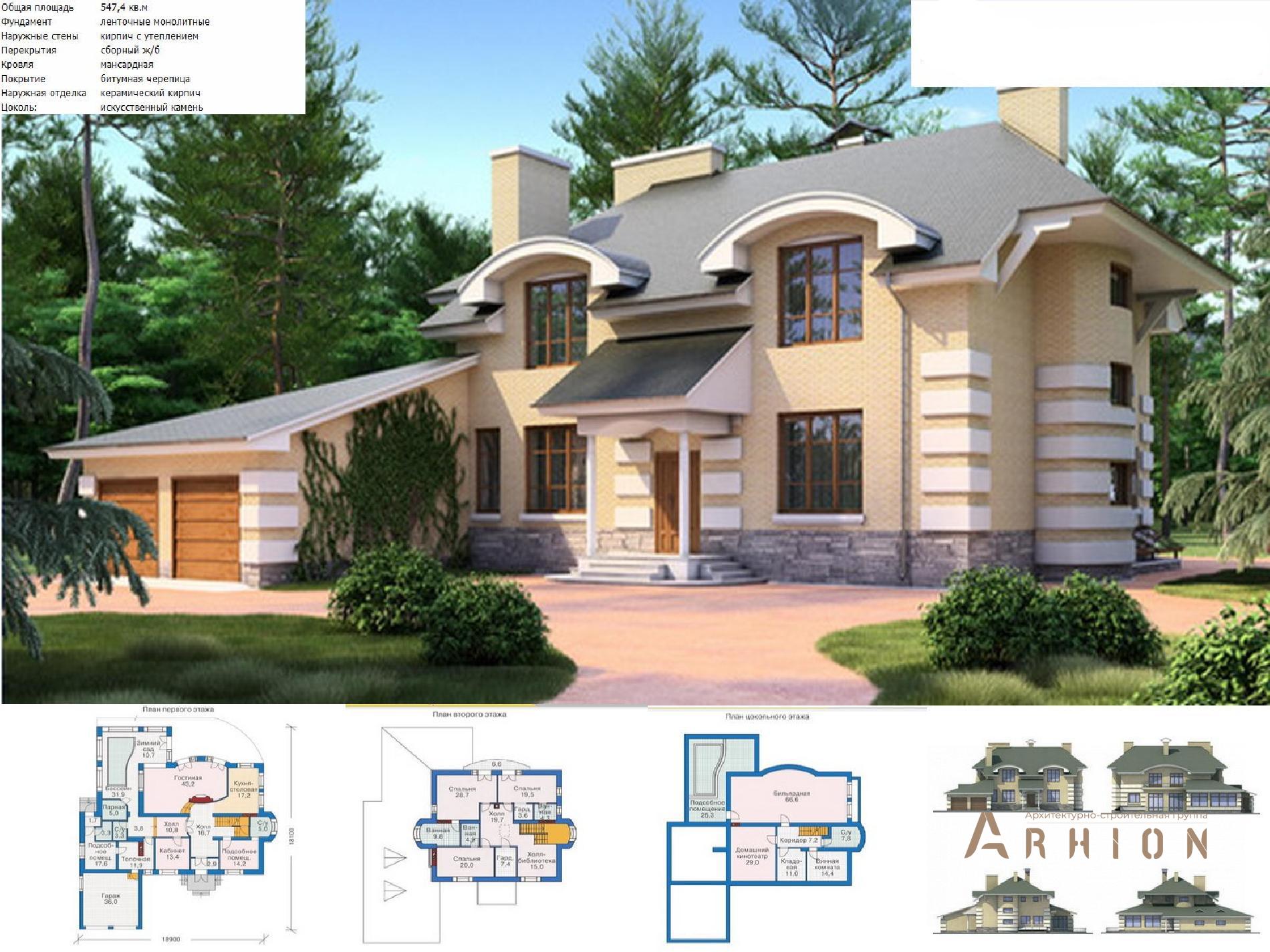 1. Проект одноэтажного дома в европейском стиле с четырехскатной, 35-64, площадью - 574 кв c цокольным этажом, мансардой, сауной, балконом, эркером