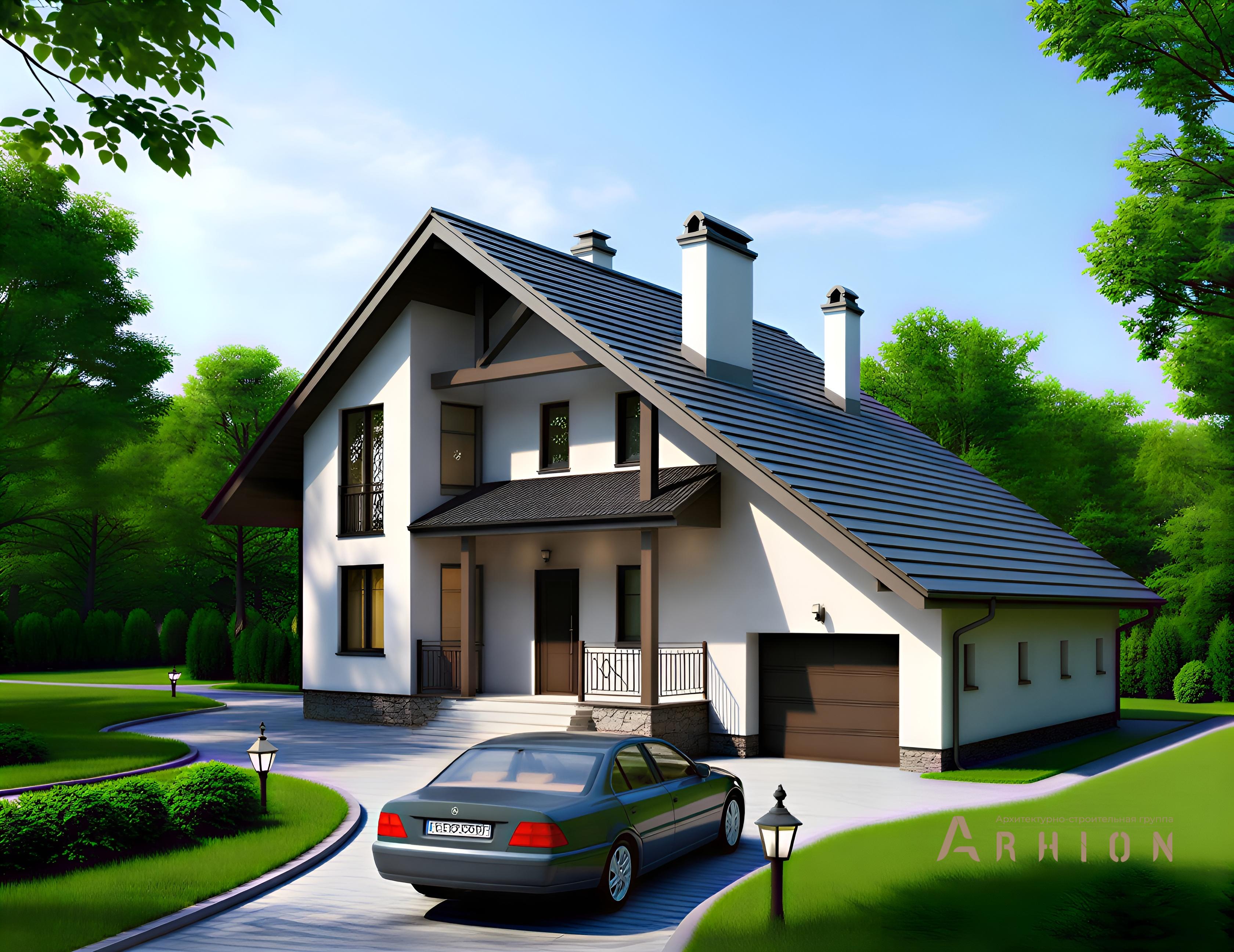 2. Проект одноэтажного дома в скандинавском стиле с двускатной кровлей, 35-73, площадью - 210 кв c мансардой, терассой, балконом, гаражом, эркером, вторым светом