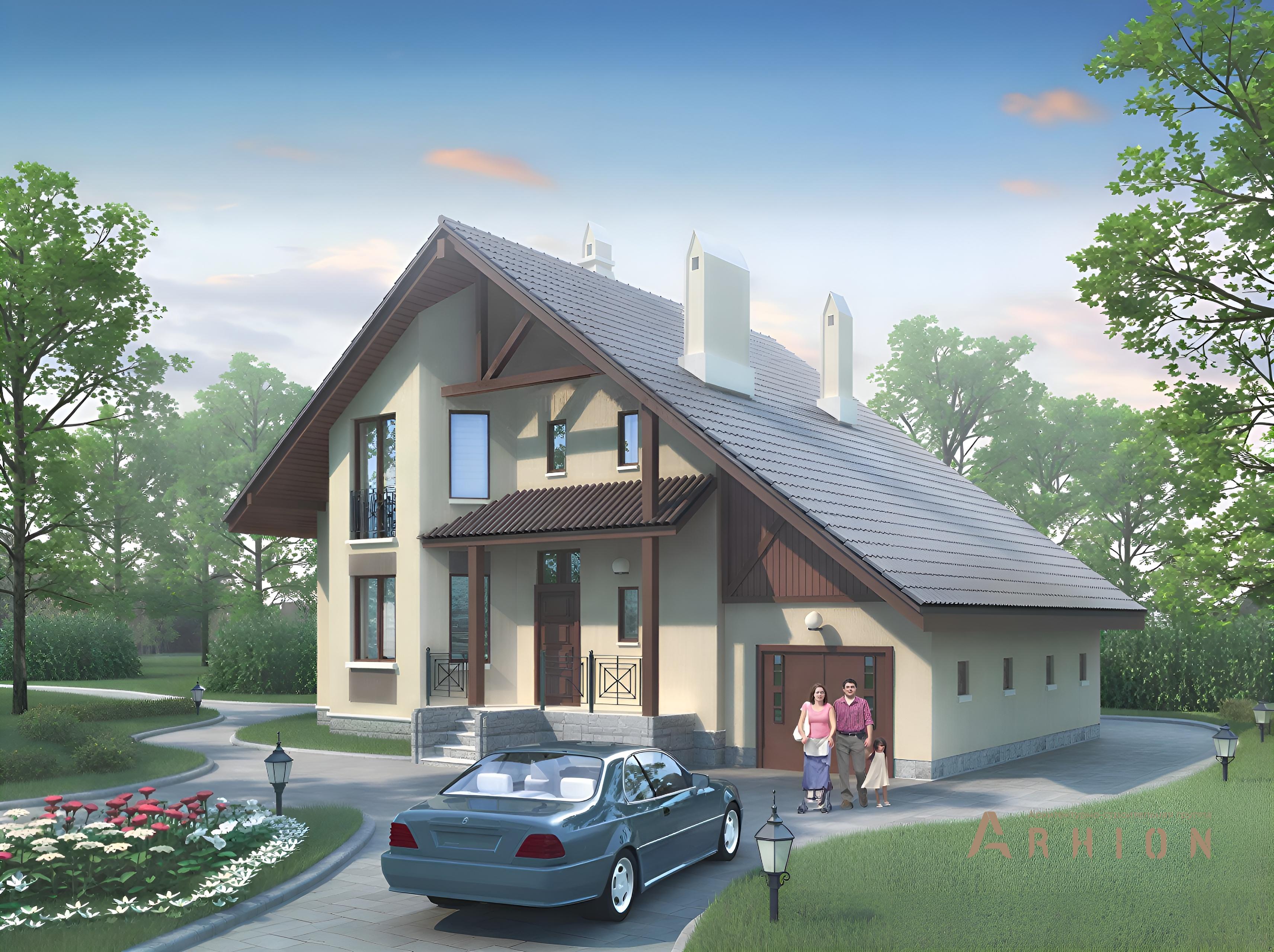 3. Проект одноэтажного дома в скандинавском стиле с двускатной кровлей, 35-73, площадью - 210 кв c мансардой, терассой, балконом, гаражом, эркером, вторым светом