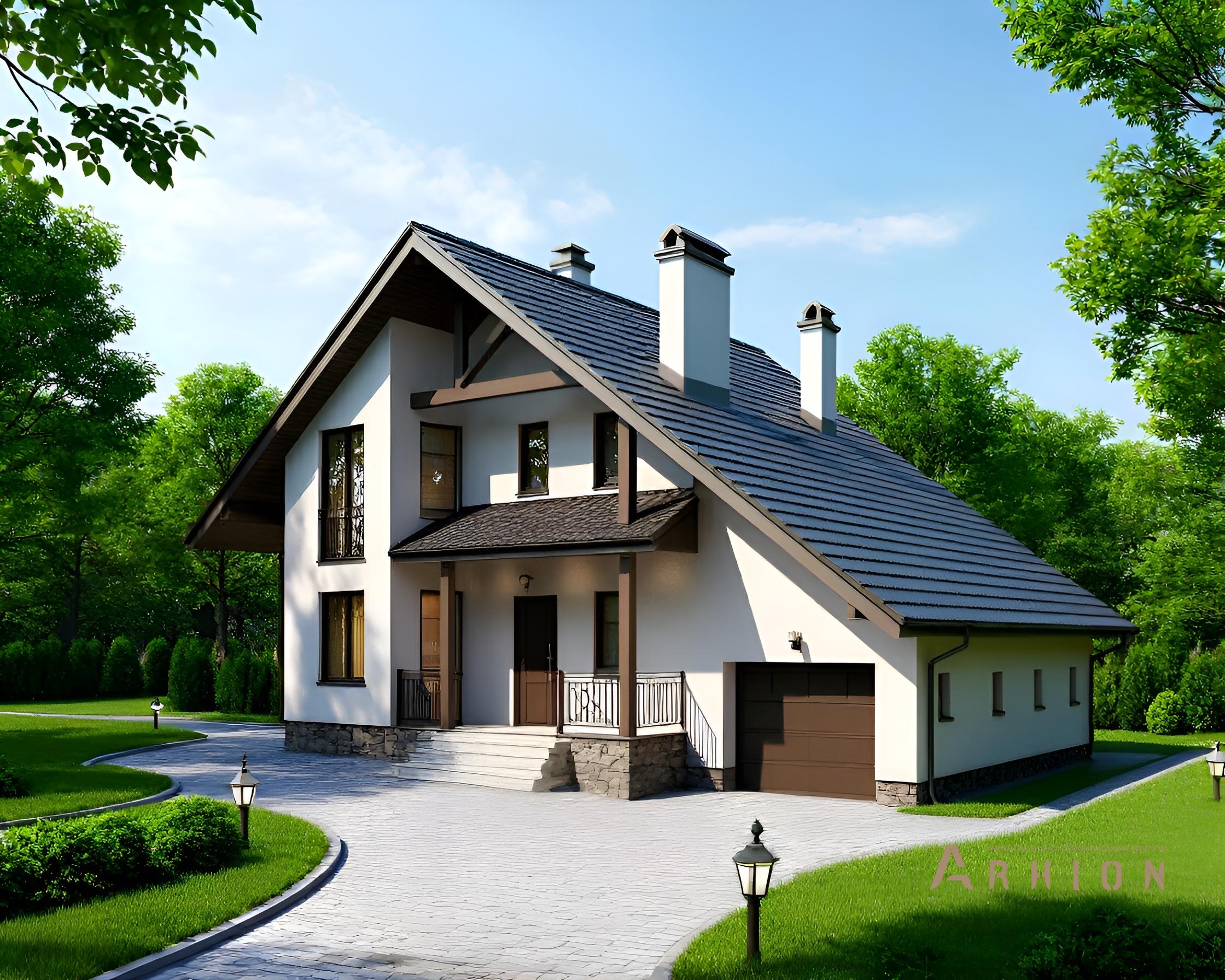 1. Проект одноэтажного дома в скандинавском стиле с двускатной кровлей, 35-73, площадью - 210 кв c мансардой, терассой, балконом, гаражом, эркером, вторым светом