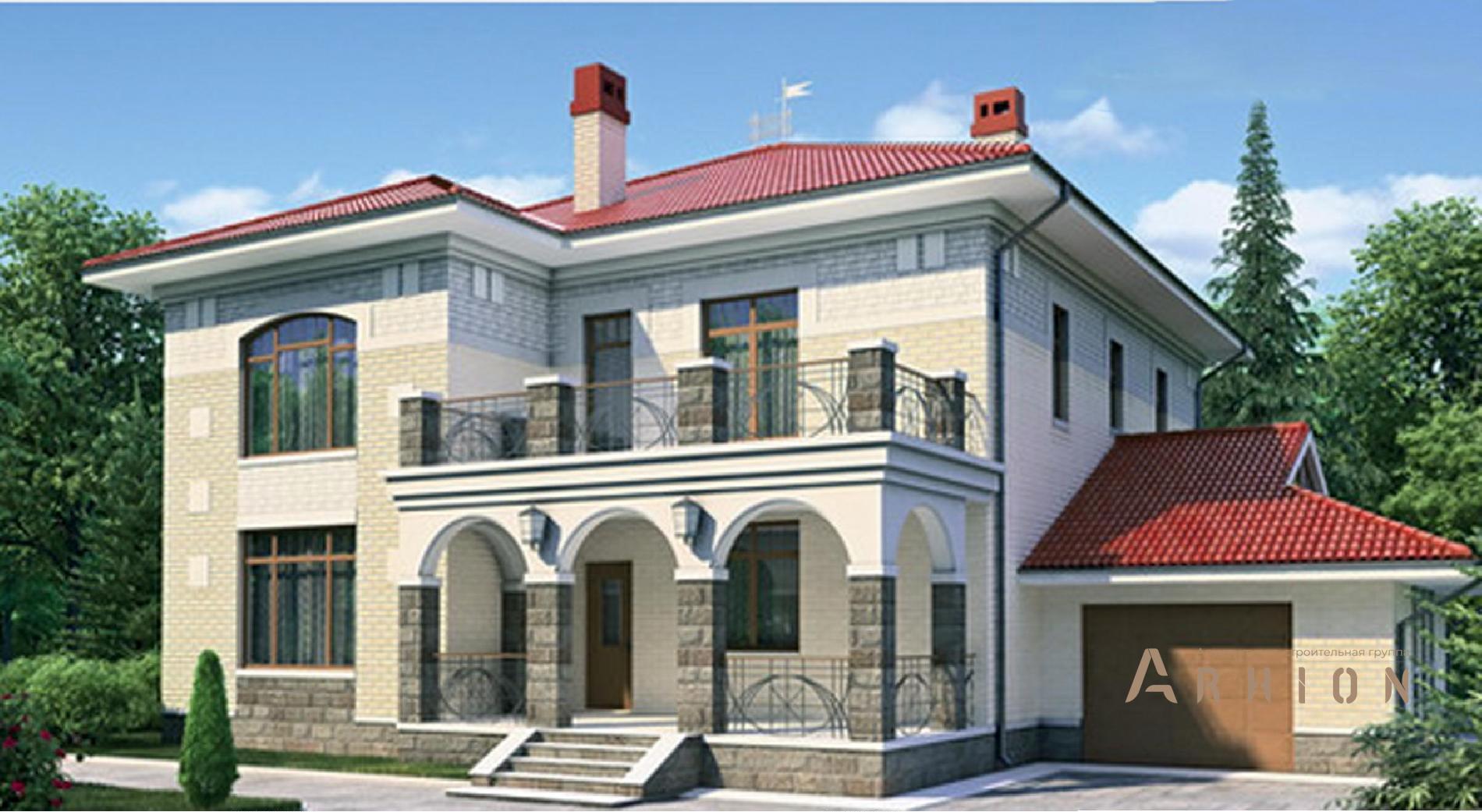 1. Проект двухэтажного дома в европейском стиле с четырехскатной, 35-75, площадью - 297 кв c терассой, балконом, гаражом, эркером