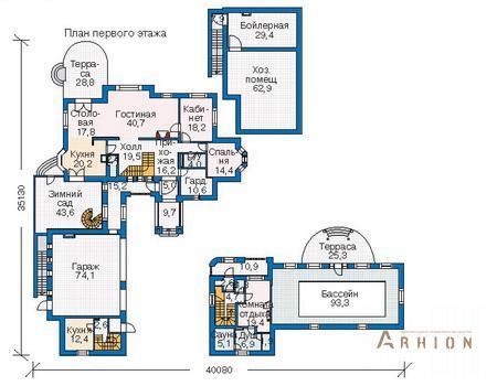 2. Проект трехэтажного дома в современном стиле с многоскатной кровлей, 35-79, площадью - 955 кв c цокольным этажом, мансардой, сауной, эркером, вторым светом