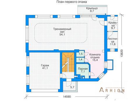 2. Проект одноэтажного дома в европейском стиле с двускатной кровлей, 35-97, площадью - 450 кв c цокольным этажом, мансардой, сауной, балконом