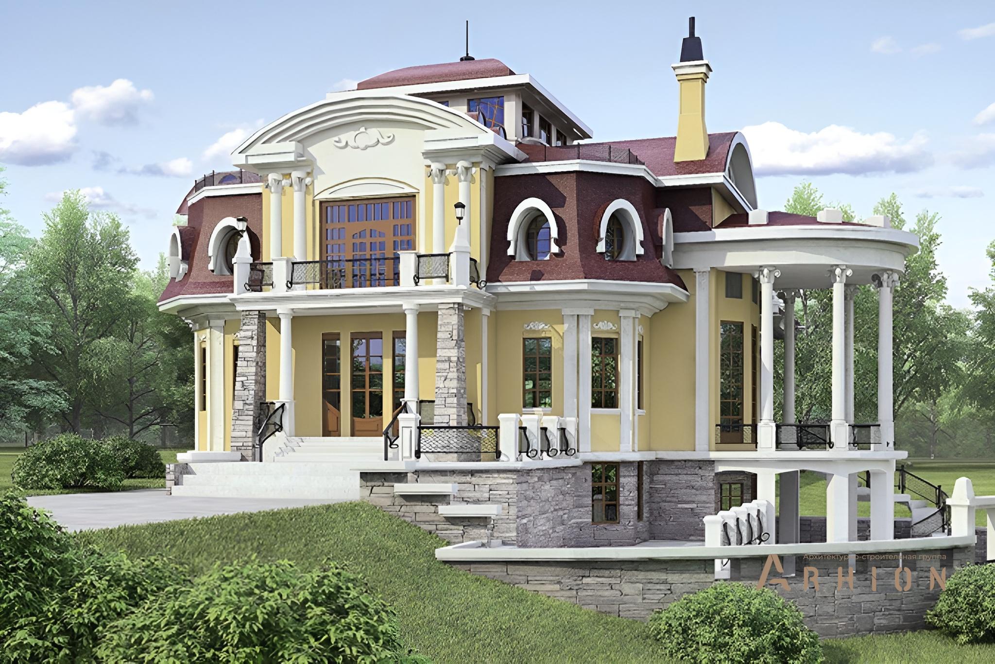 1. Проект двухэтажного дома в стиле модерн с многоскатной кровлей, 36-06, площадью - 768 кв c цокольным этажом, сауной, терассой, балконом, эркером, вторым светом