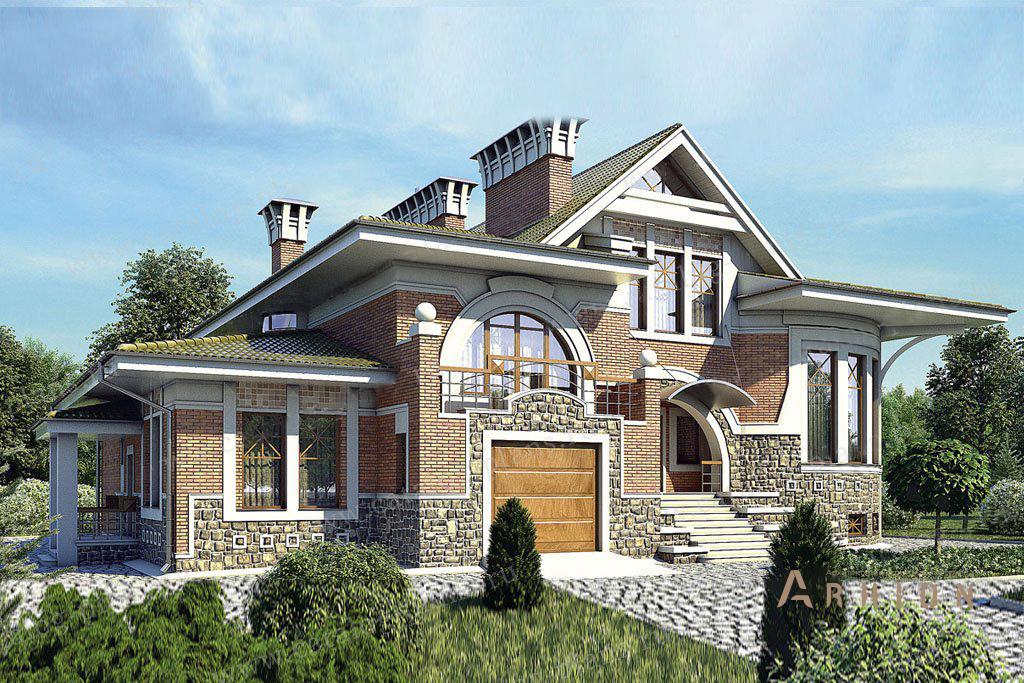 1. Проект одноэтажного дома в стиле модерн с многоскатной кровлей, 36-19, площадью - 443 кв c мансардой, терассой, балконом, гаражом, эркером