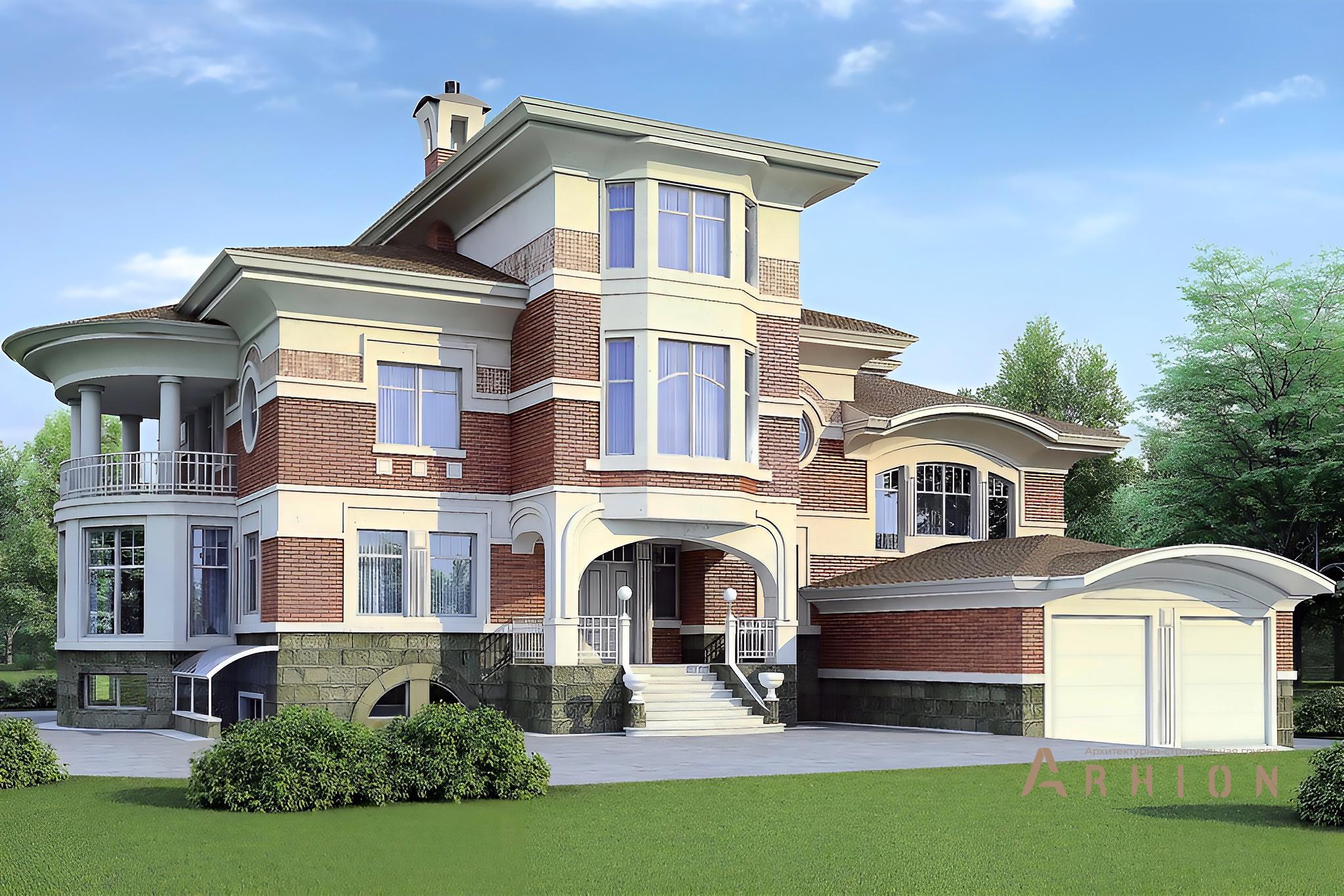 1. Проект трехэтажного дома в европейском стиле с многоскатной кровлей, 36-20, площадью - 883 кв c цокольным этажом, терассой, балконом, гаражом, эркером