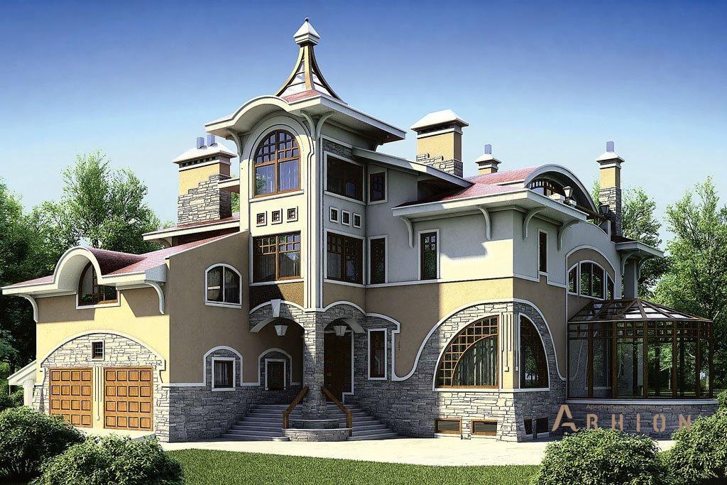 1. Проект двухэтажного дома в стиле модерн с многоскатной кровлей, 36-21, площадью - 1102 кв c цокольным этажом, мансардой, сауной, терассой, балконом, гаражом, эркером, вторым светом