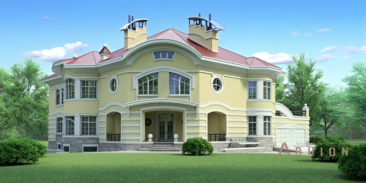 1. Проект двухэтажного дома в стиле модерн с многоскатной кровлей, 36-23, площадью - 627 кв c цокольным этажом, терассой, балконом, гаражом, эркером, вторым светом