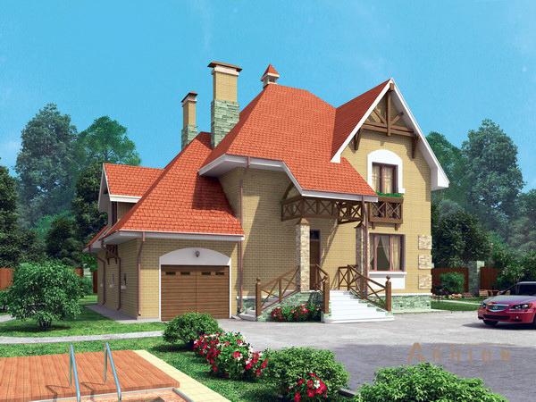 1. Проект одноэтажного дома в английском стиле с многоскатной кровлей, 36-29, площадью - 253 кв c мансардой, терассой, гаражом, эркером