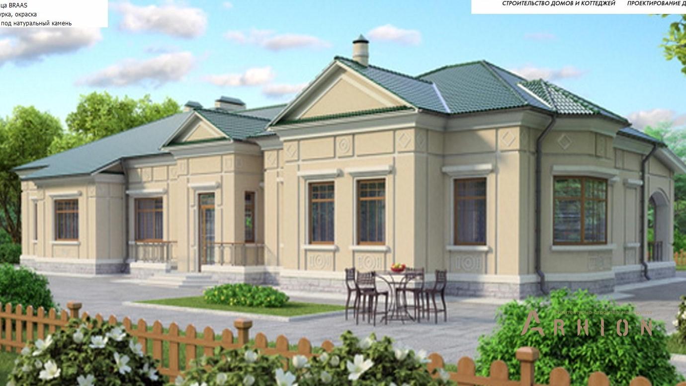 1. Проект одноэтажного дома в современном классическом стиле с многоскатной кровлей, 36-32, площадью - 636 кв c цокольным этажом, терассой, эркером