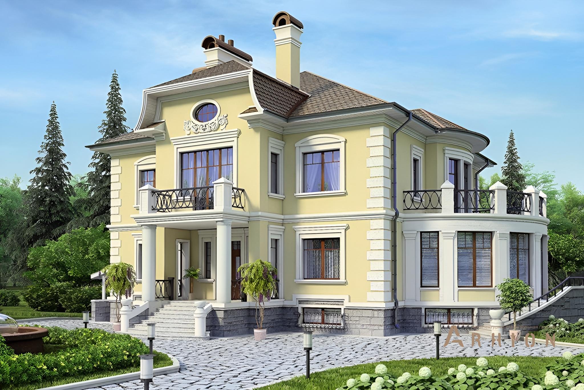 1. Проект двухэтажного дома в стиле модерн с многоскатной кровлей, 36-38, площадью - 608 кв c цокольным этажом, сауной, терассой, балконом, эркером