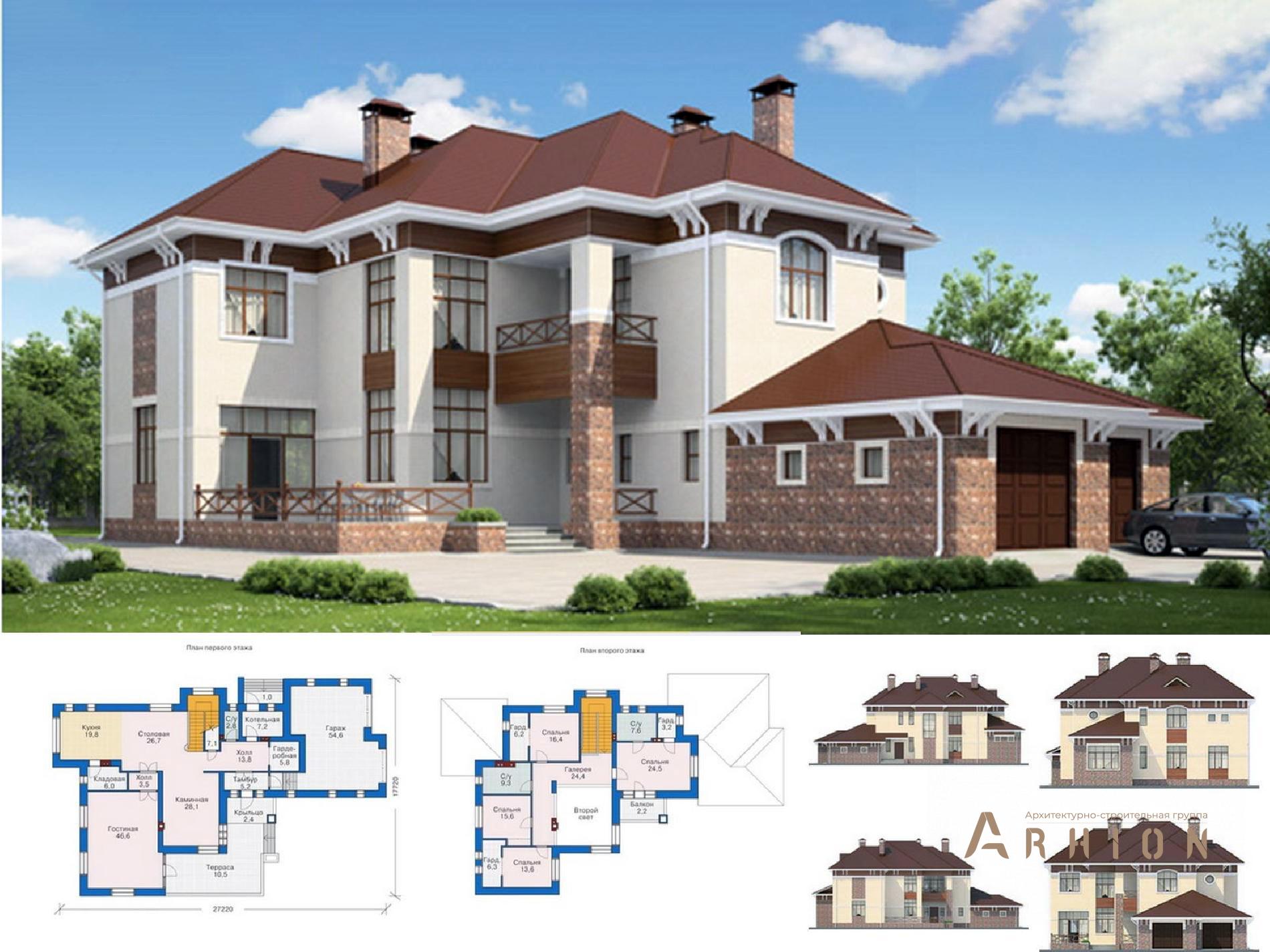 1. Проект двухэтажного дома в европейском стиле с многоскатной кровлей, 36-39, площадью - 500 кв c терассой, балконом, гаражом, вторым светом