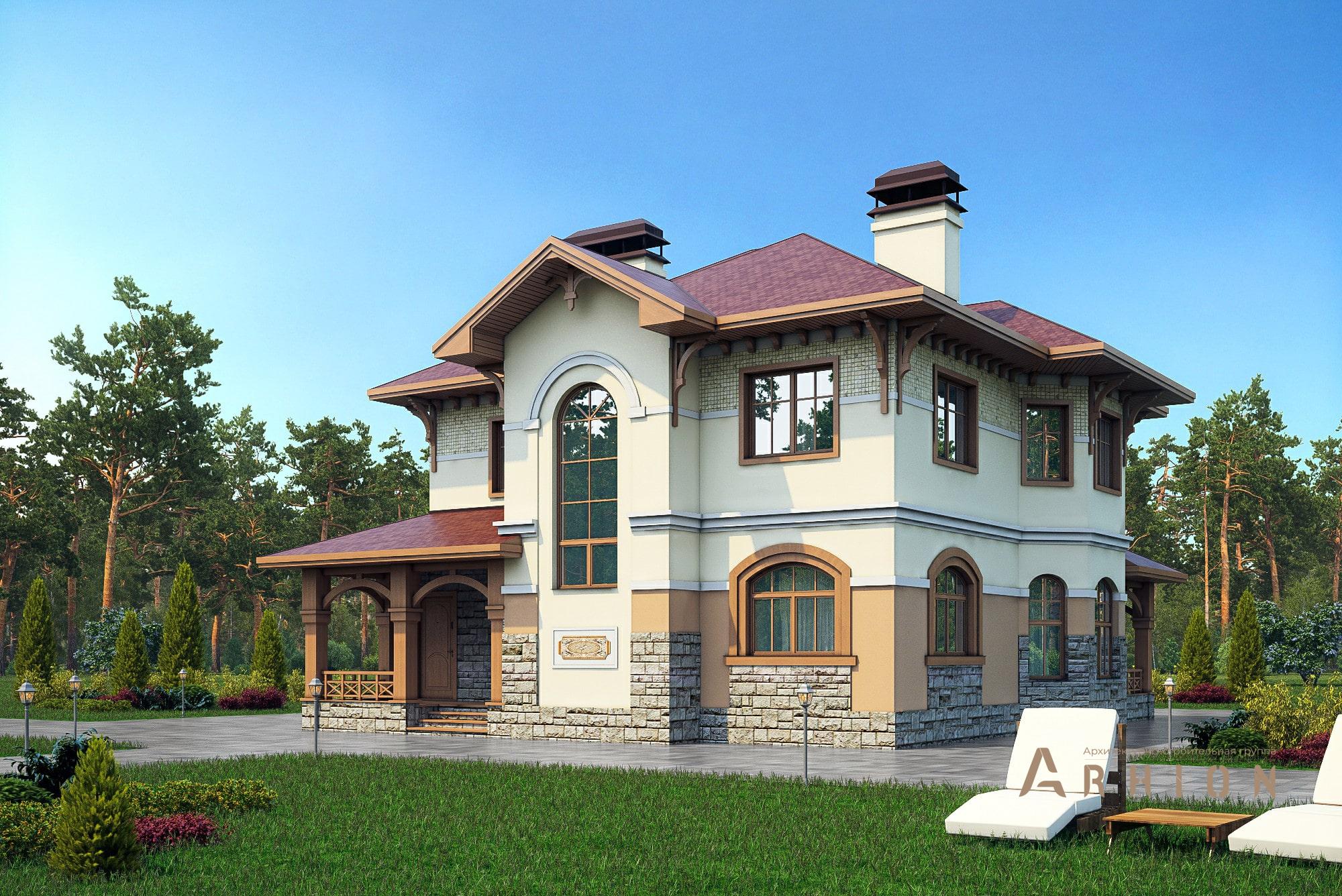 1. Проект двухэтажного дома в европейском стиле с многоскатной кровлей, 36-44, площадью - 212 кв c терассой, эркером