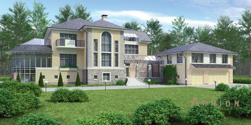 1. Проект двухэтажного дома в современном классическом стиле с многоскатной кровлей, 36-51, площадью - 837 кв c цокольным этажом, мансардой, сауной, эркером, вторым светом