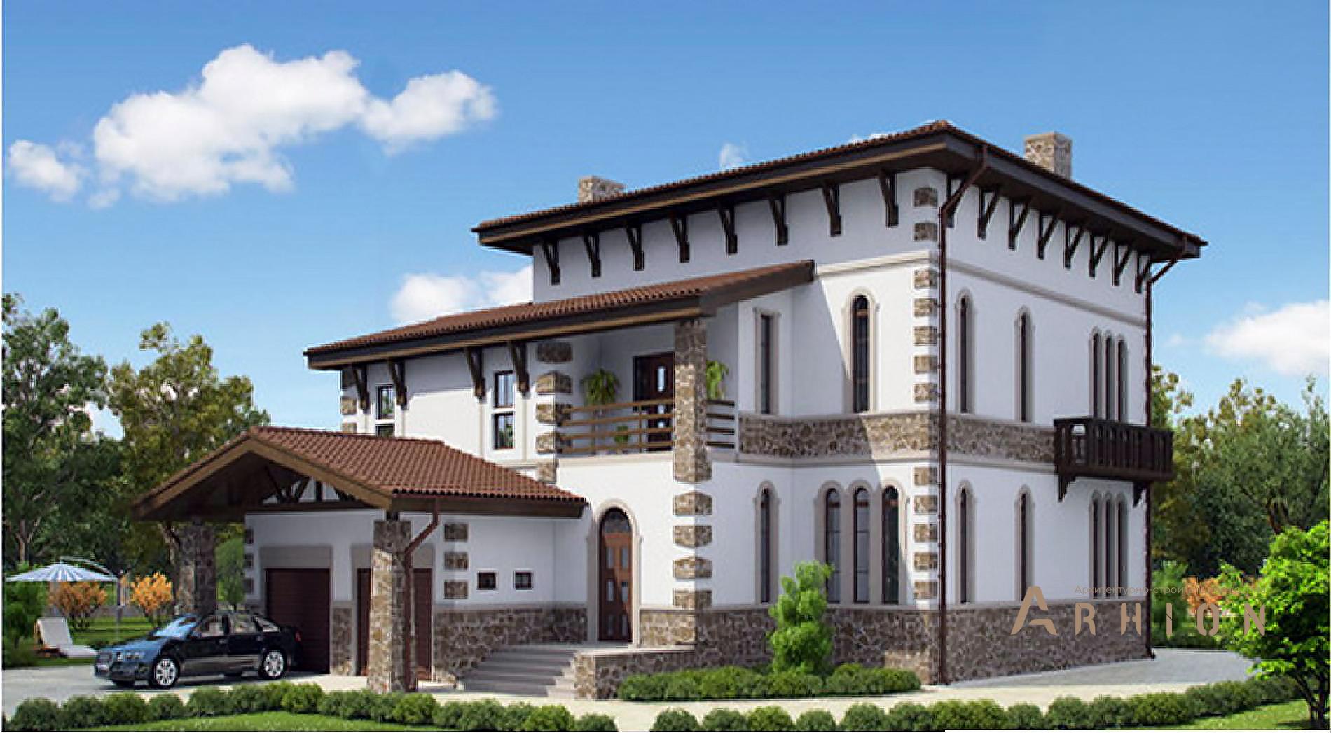 1. Проект двухэтажного дома в европейском стиле с четырехскатной, 36-59, площадью - 316 кв c терассой, балконом, гаражом, эркером