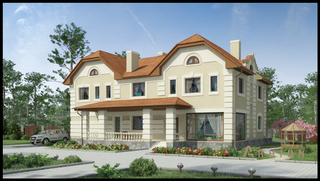 1. Проект двухэтажного дома в английском стиле с многоскатной кровлей, 36-66, площадью - 480 кв c сауной, терассой, эркером