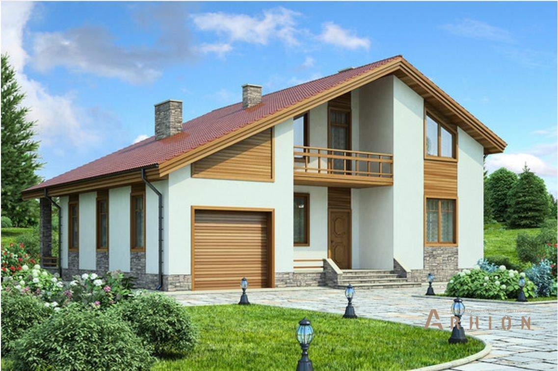 1. Проект одноэтажного дома в стиле шале с двускатной кровлей, 36-78, площадью - 174 кв c мансардой, терассой, балконом, гаражом