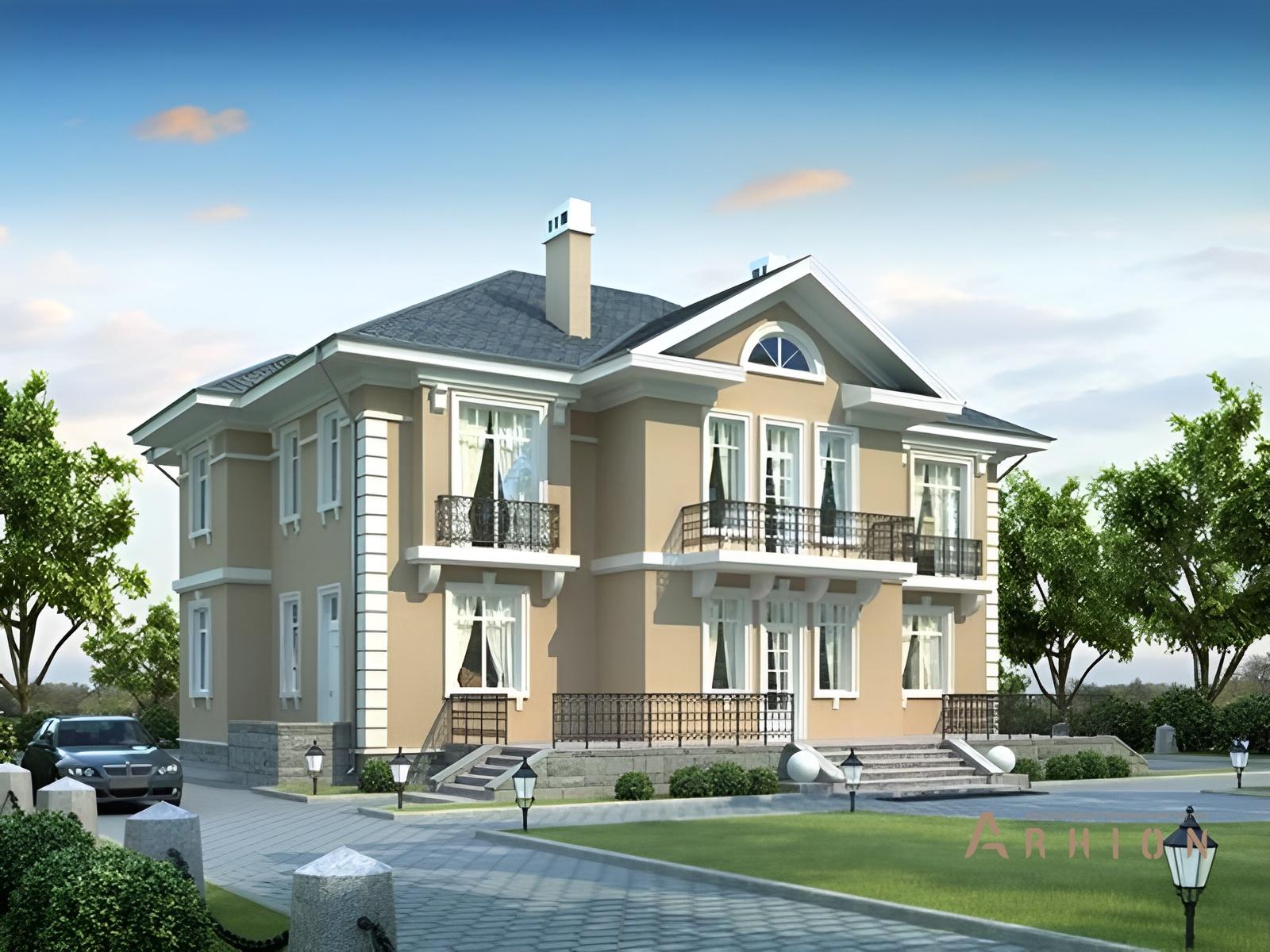 1. Проект двухэтажного дома в классическом стиле с многоскатной кровлей, 36-79, площадью - 352 кв c терассой, балконом, эркером, вторым светом