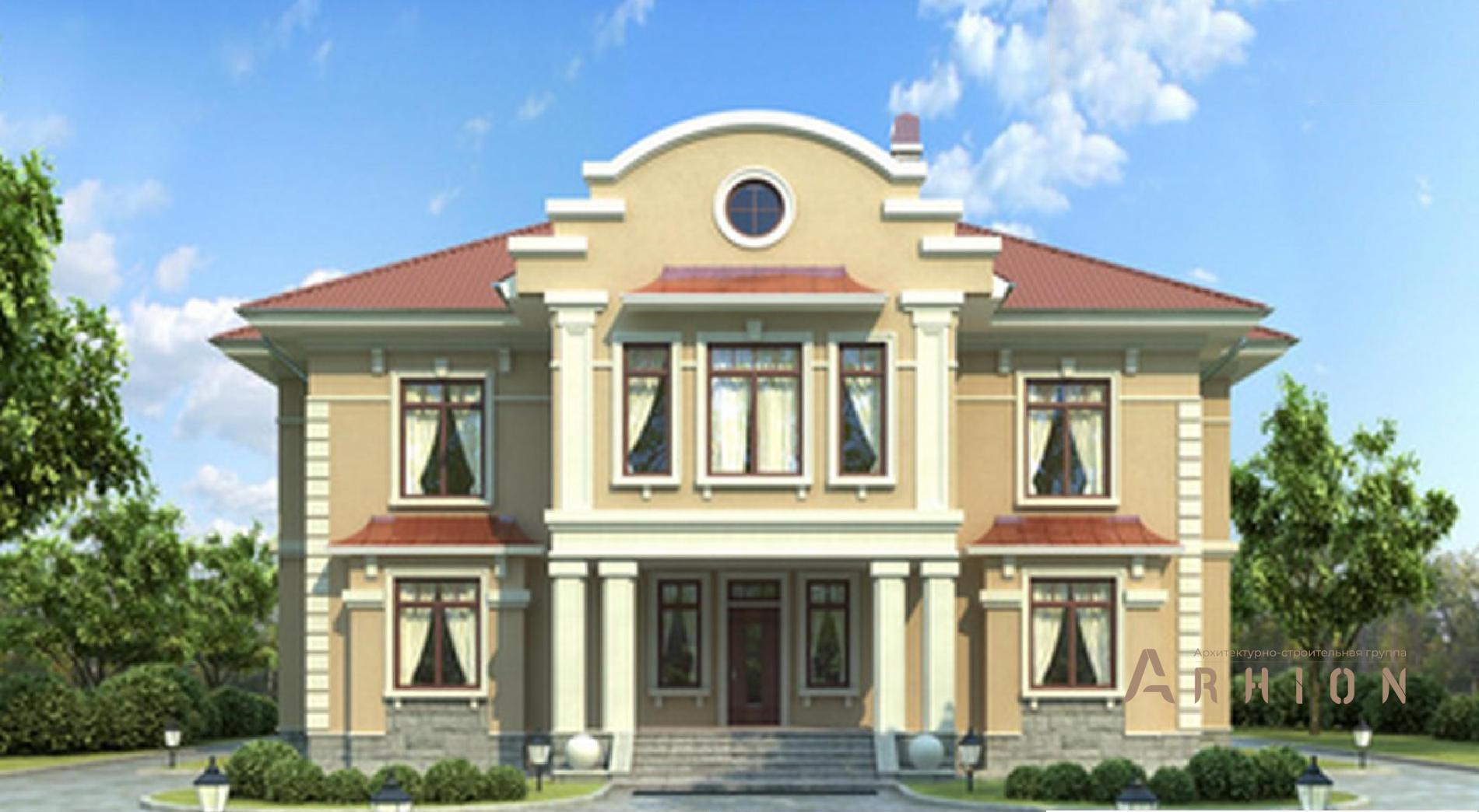 1. Проект двухэтажного дома в классическом стиле с четырехскатной, 36-83, площадью - 331 кв c сауной, терассой, балконом, эркером