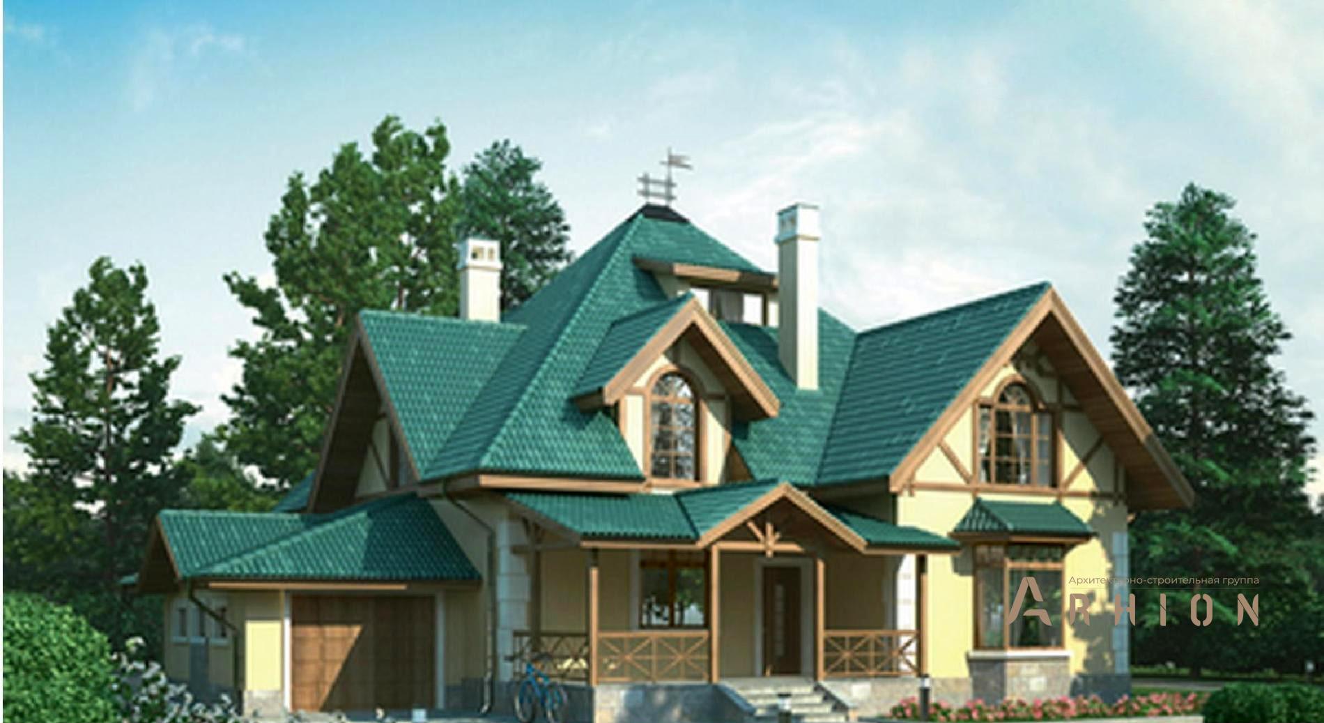 1. Проект одноэтажного дома в немецком стиле с многоскатной кровлей, 37-00, площадью - 299 кв c мансардой, сауной, терассой, гаражом, эркером